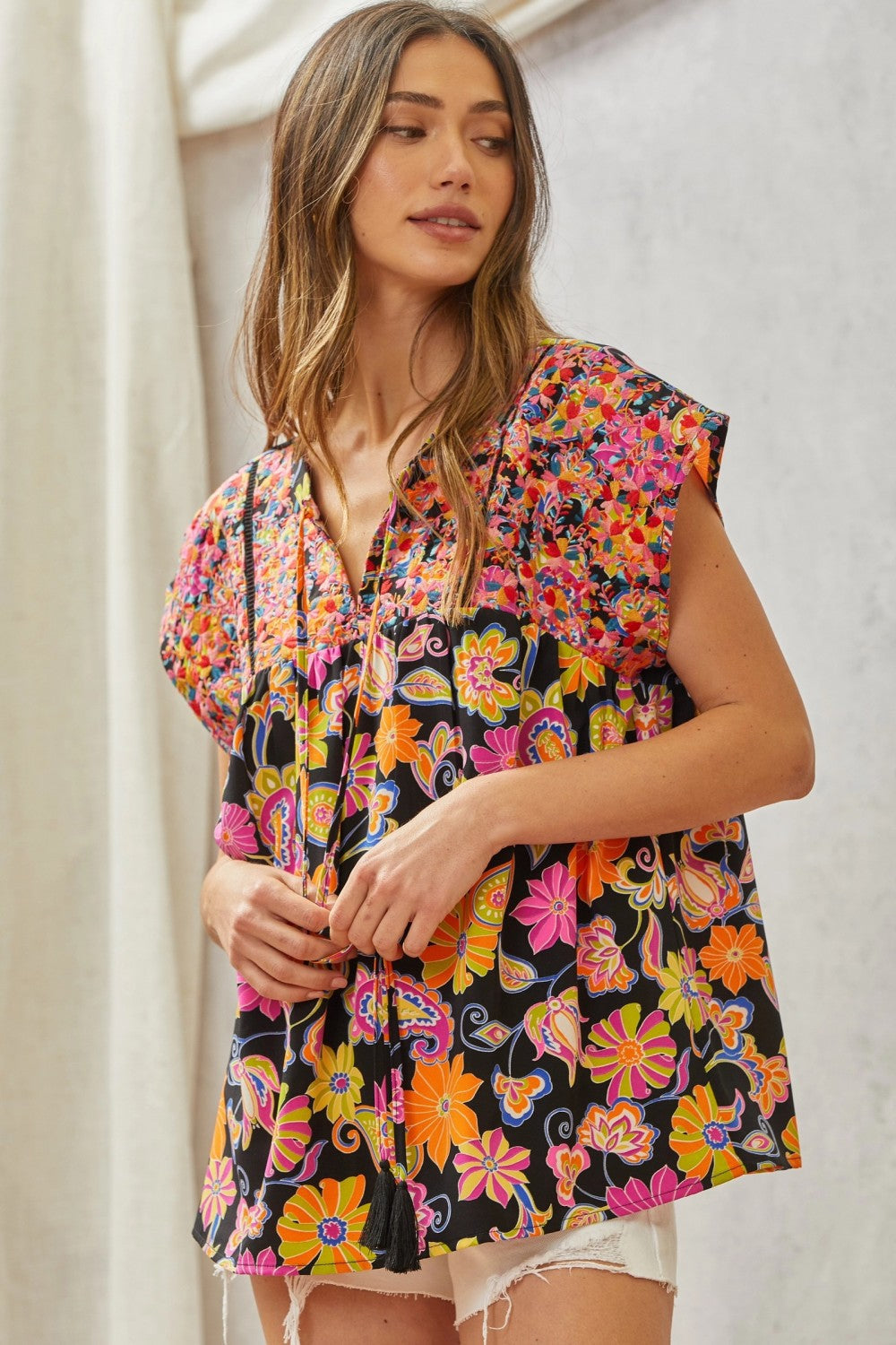 Multicolored Print Babydoll Top with Floral Embroidery by Savanna Jane