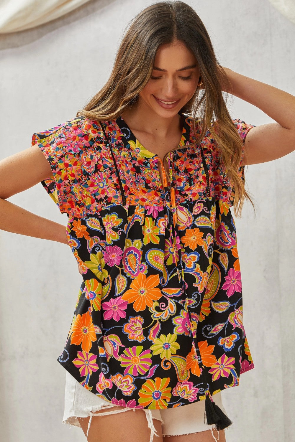 Multicolored Print Babydoll Top with Floral Embroidery by Savanna Jane