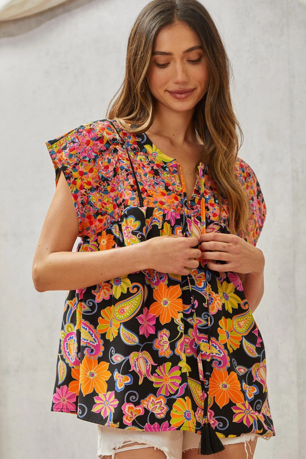 Multicolored Print Babydoll Top with Floral Embroidery by Savanna Jane