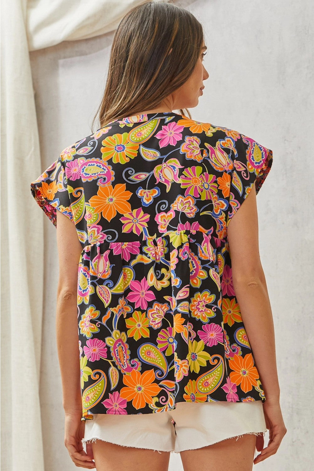 Multicolored Print Babydoll Top with Floral Embroidery by Savanna Jane