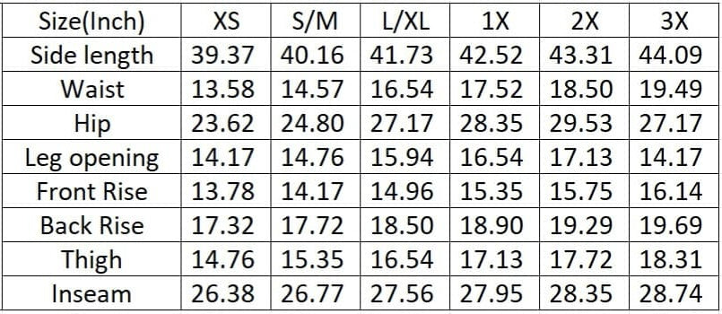 Table displaying measurements for a garment in various sizes