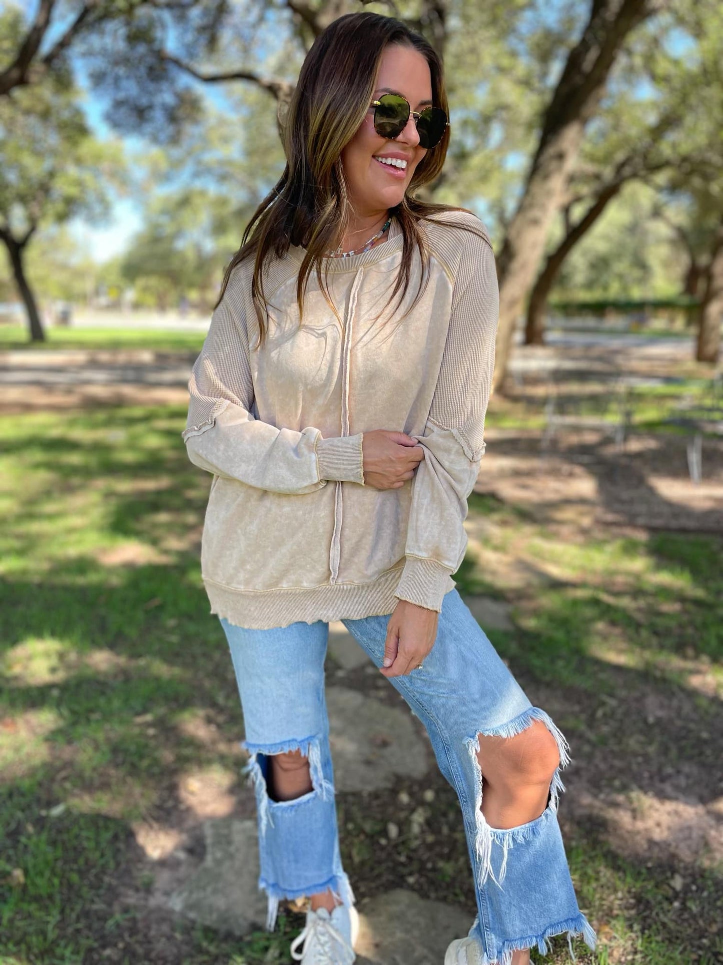 Exposed Seam long sleeve sweatshirt in Beige