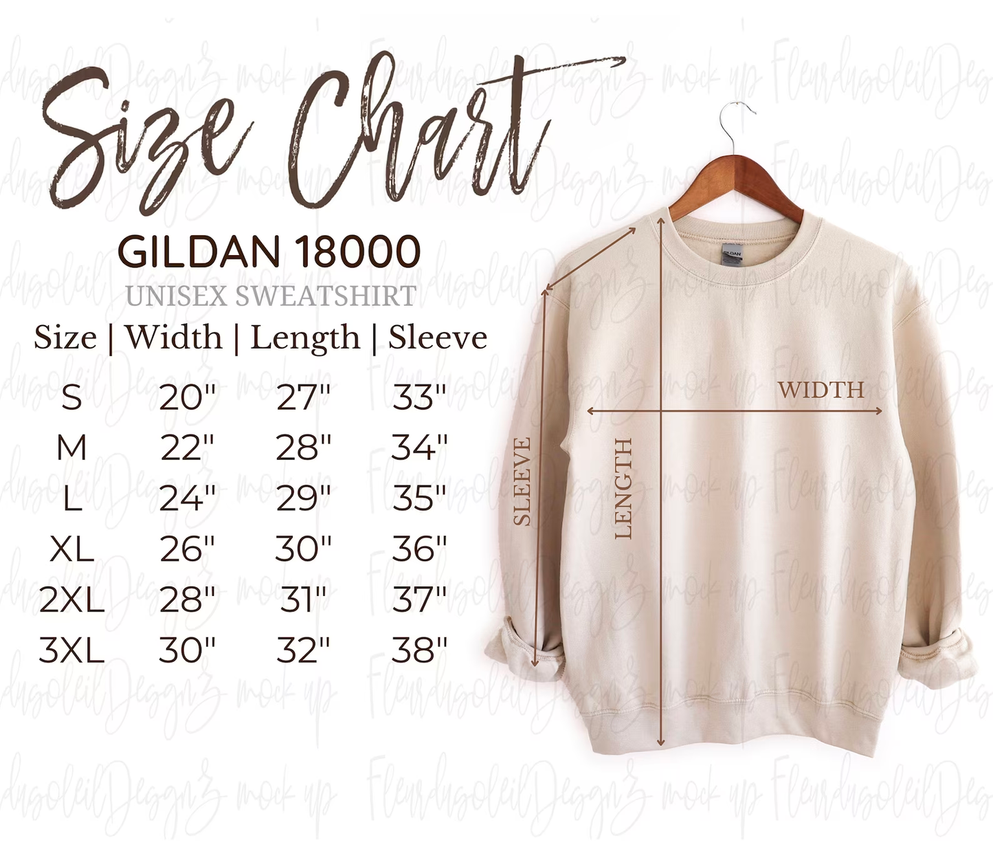 Gildan 18000 unisex sweatshirt size chart with measurements on a white background
