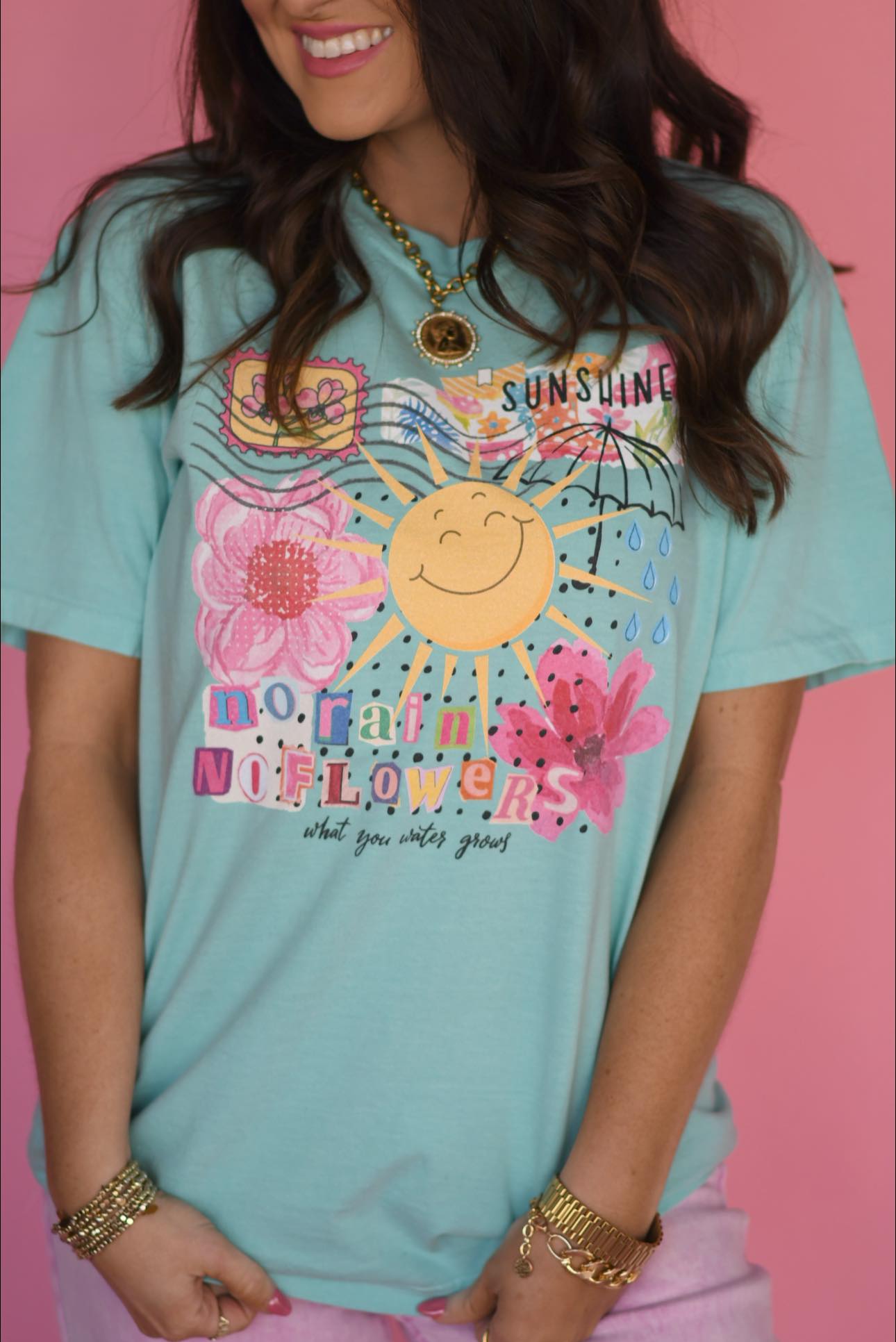 No Rain No Flowers collage graphic tee on Comfort Colors unisex t-shirt in Chalky Mint