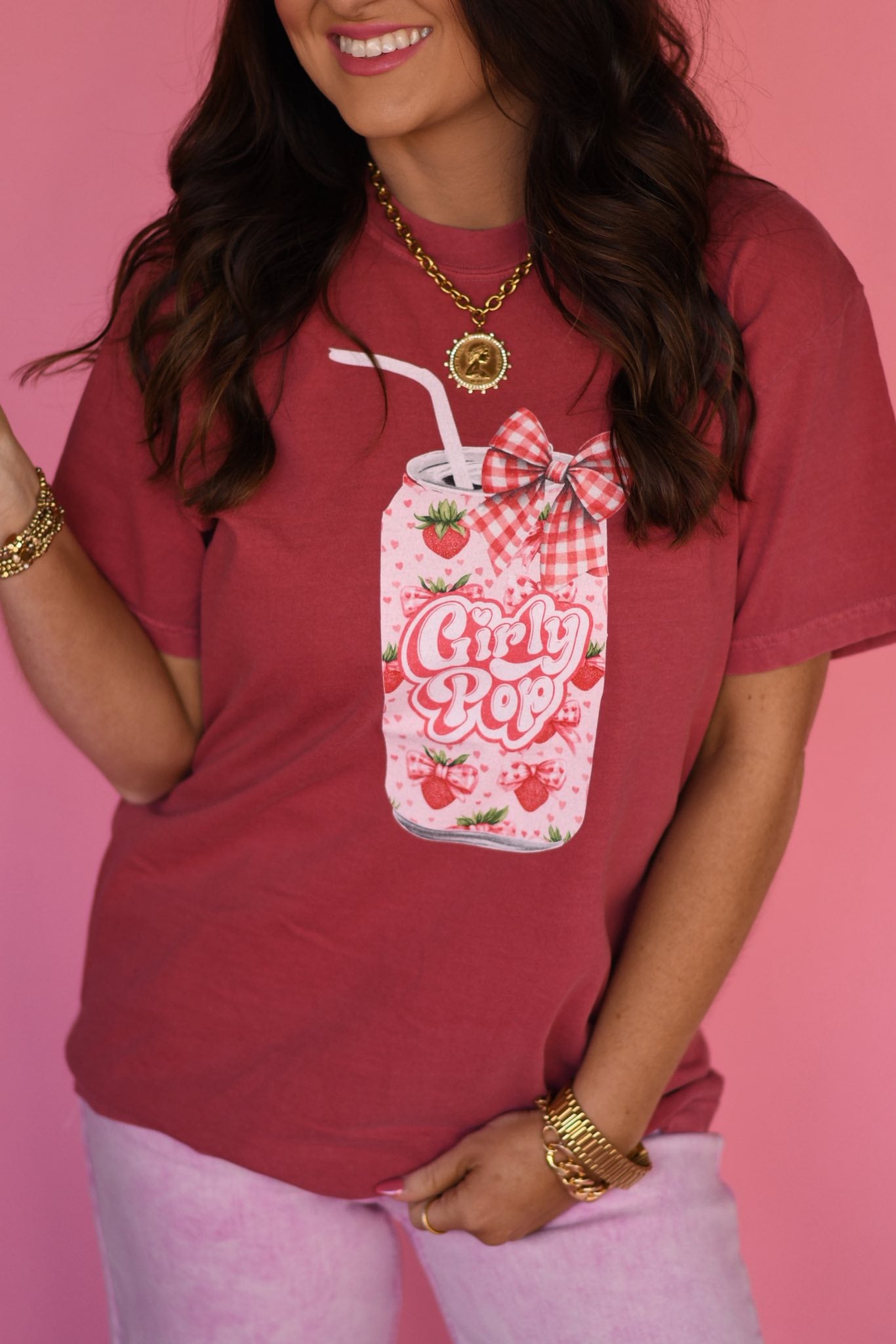 Girly Pop strawberry graphic tee on crimson Comfort Colors t-shirt