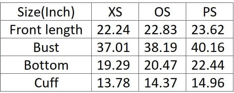 Table displaying measurements for XS, OS, and PS sizes in inches.