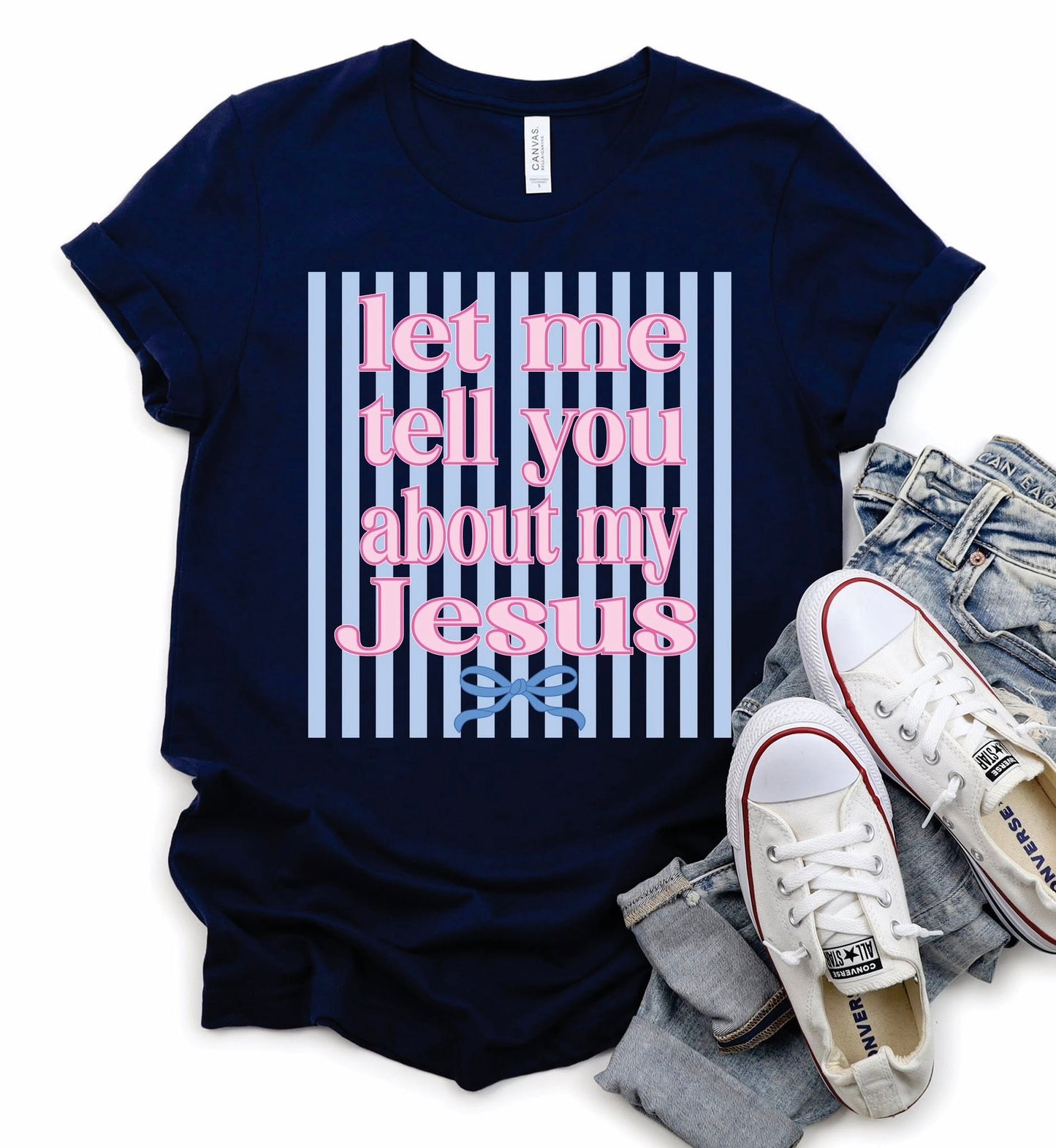 Let Me Tell You About My Jesus striped Christian graphic tee on navy Tultex shirt