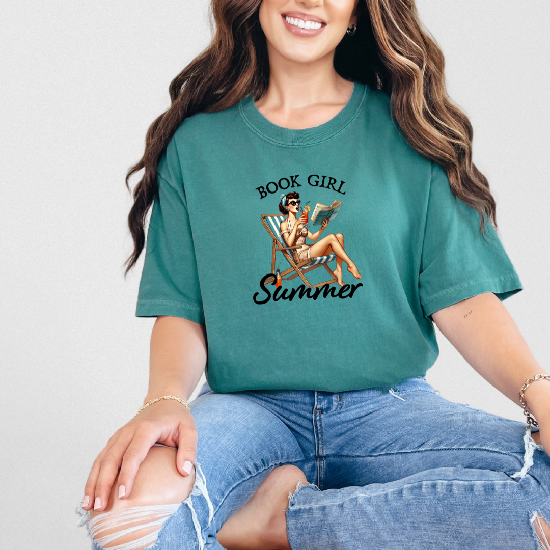 Summer Book Girl Graphic tee
Comfort Colors 100% Cotton
Garment-dyed soft ring spun fabric
Crew Neck short sleeve unisex tee
Multicolor DTF printing on crewneck