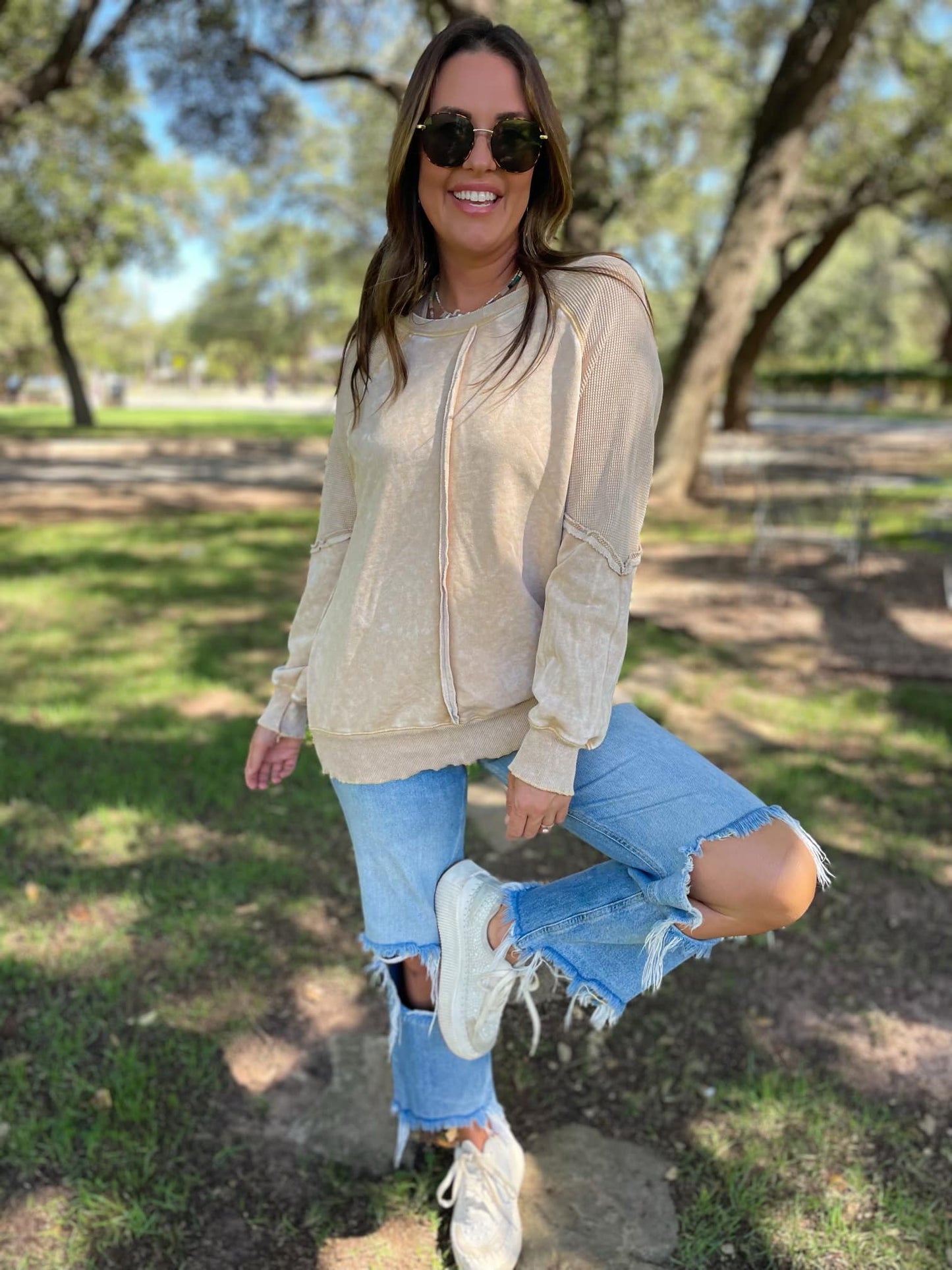 Exposed Seam long sleeve sweatshirt in Beige