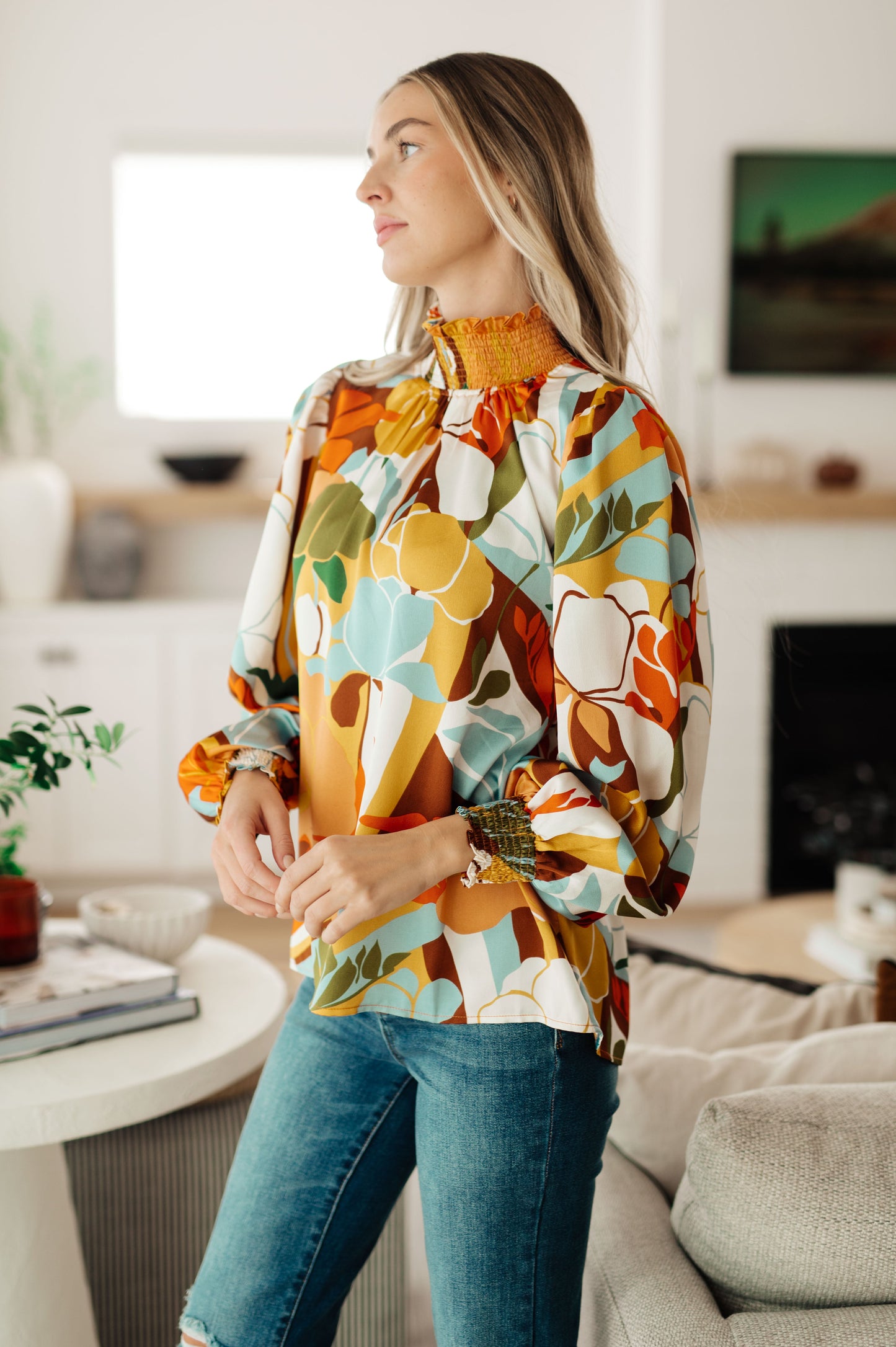 Long sleeve top by Jodifil
Poly Satin
Smocked Elastic Mock Neckline
Button Up Back Neckline
Smocked Elastic Sleeve Cuff
100% Polyester
True to Size