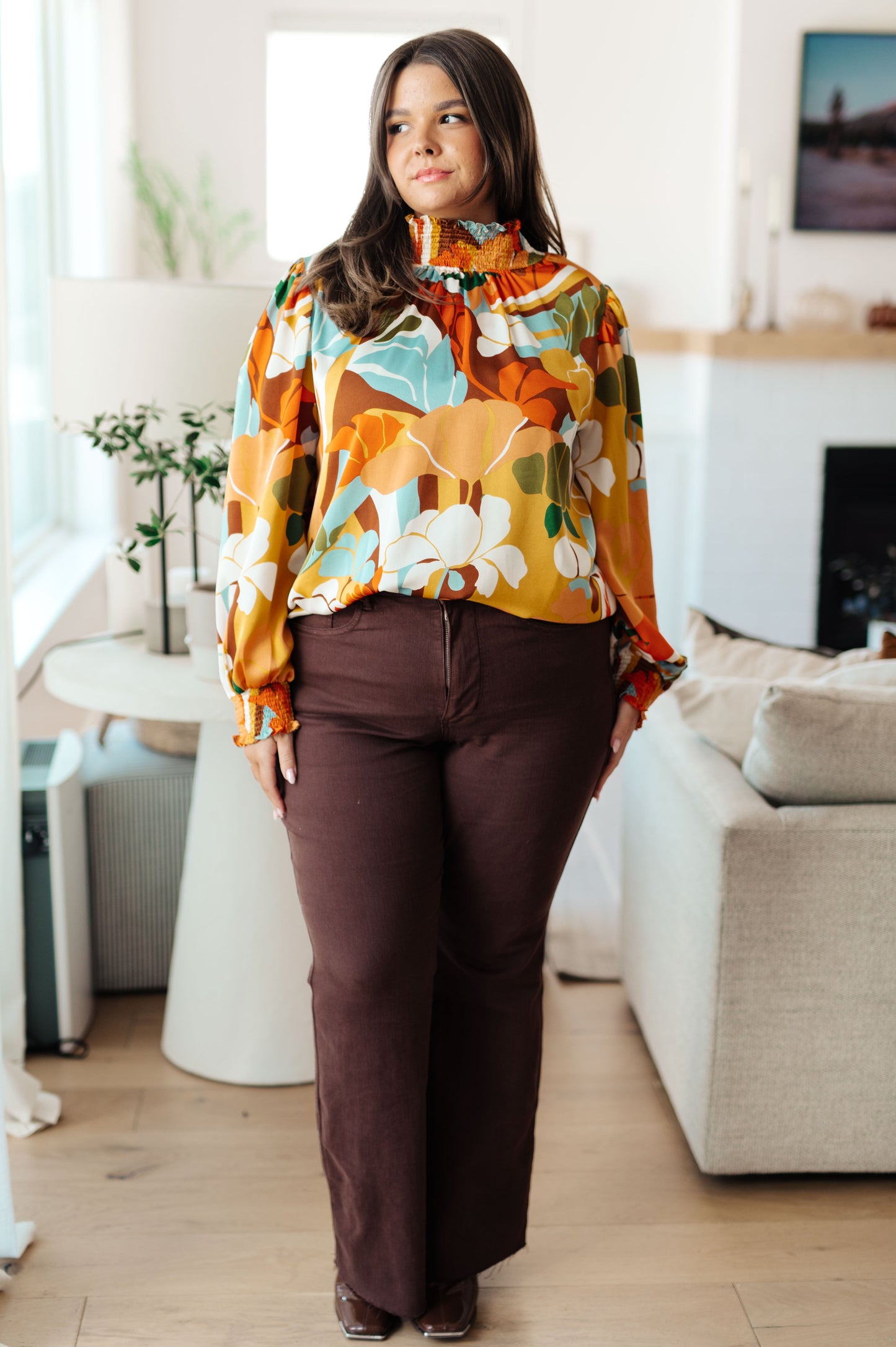 Long sleeve top by Jodifil
Poly Satin
Smocked Elastic Mock Neckline
Button Up Back Neckline
Smocked Elastic Sleeve Cuff
100% Polyester
True to Size
