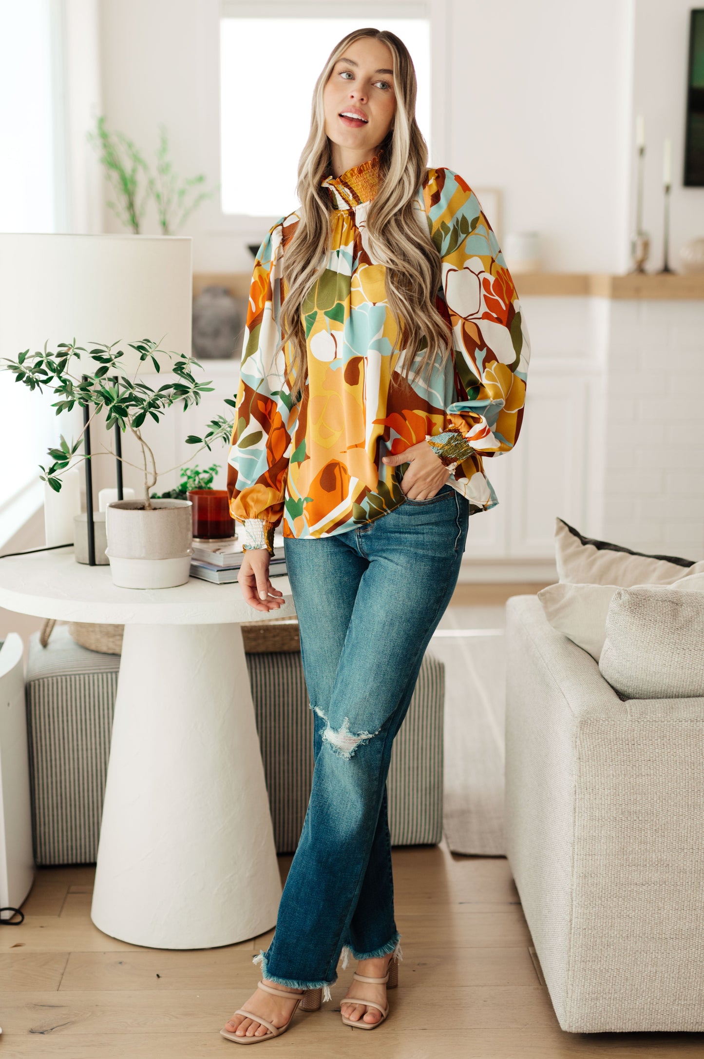 Long sleeve top by Jodifil
Poly Satin
Smocked Elastic Mock Neckline
Button Up Back Neckline
Smocked Elastic Sleeve Cuff
100% Polyester
True to Size