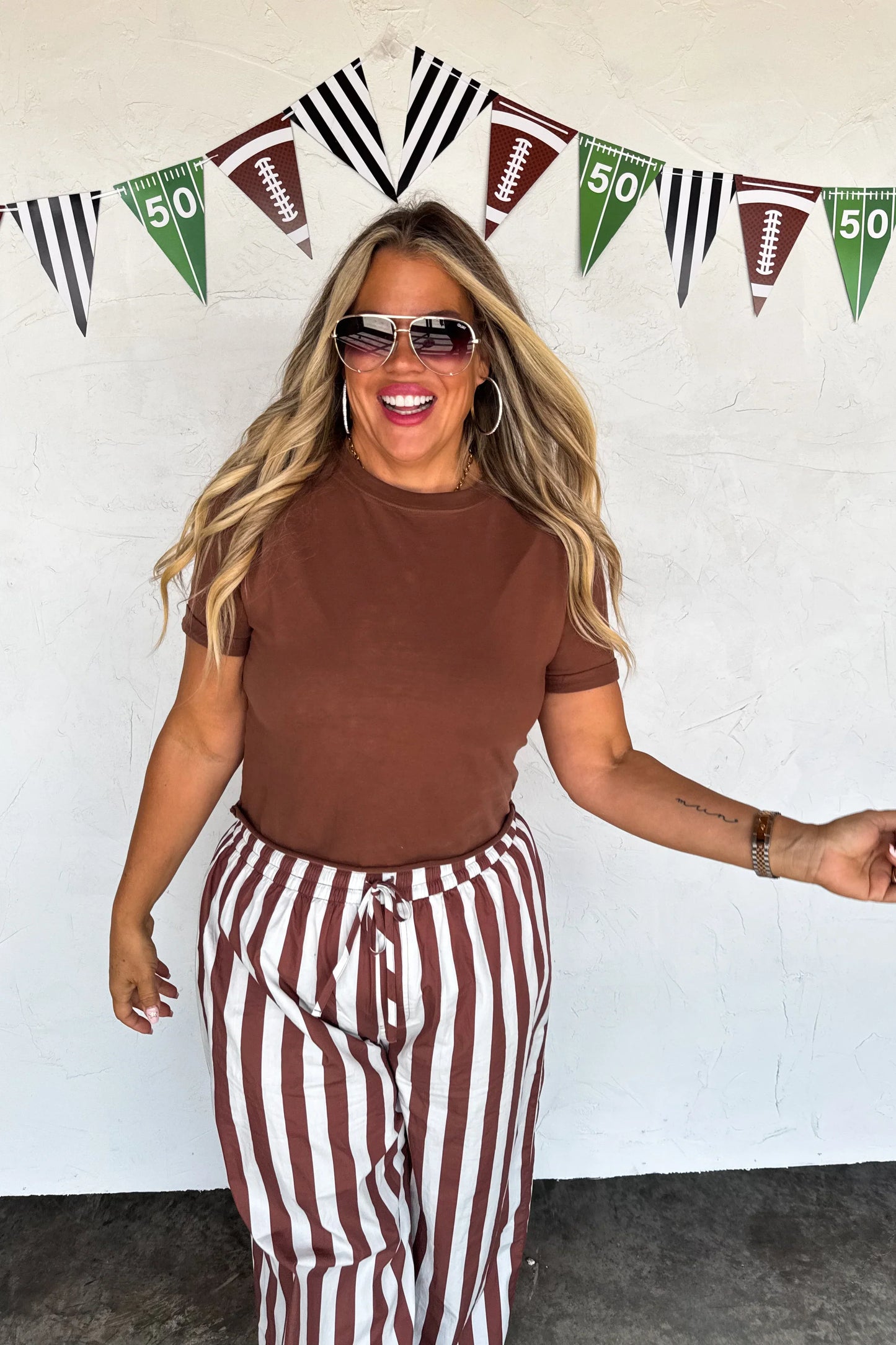 Brown and White stripe boxer style pants by Blakeley