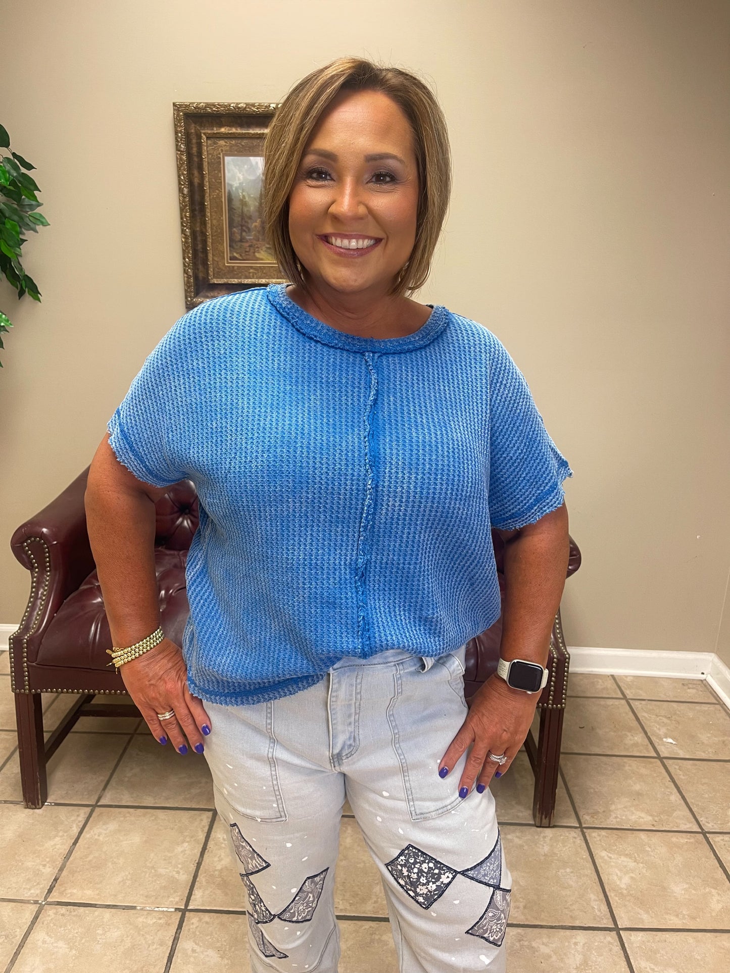 Baby Waffle Short Sleeve Top in Ocean Blue by Zenana