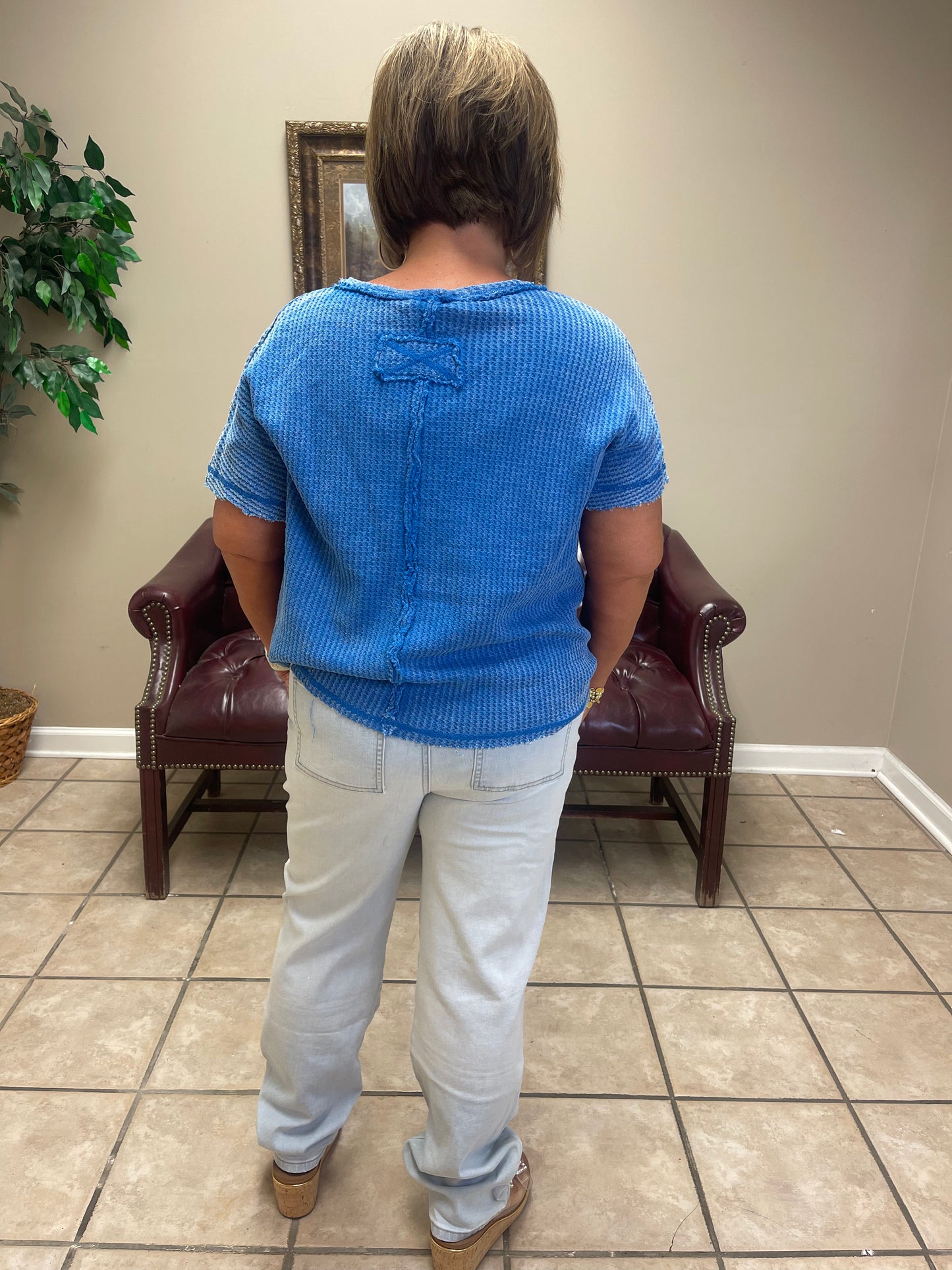 Baby Waffle Short Sleeve Top in Ocean Blue by Zenana
