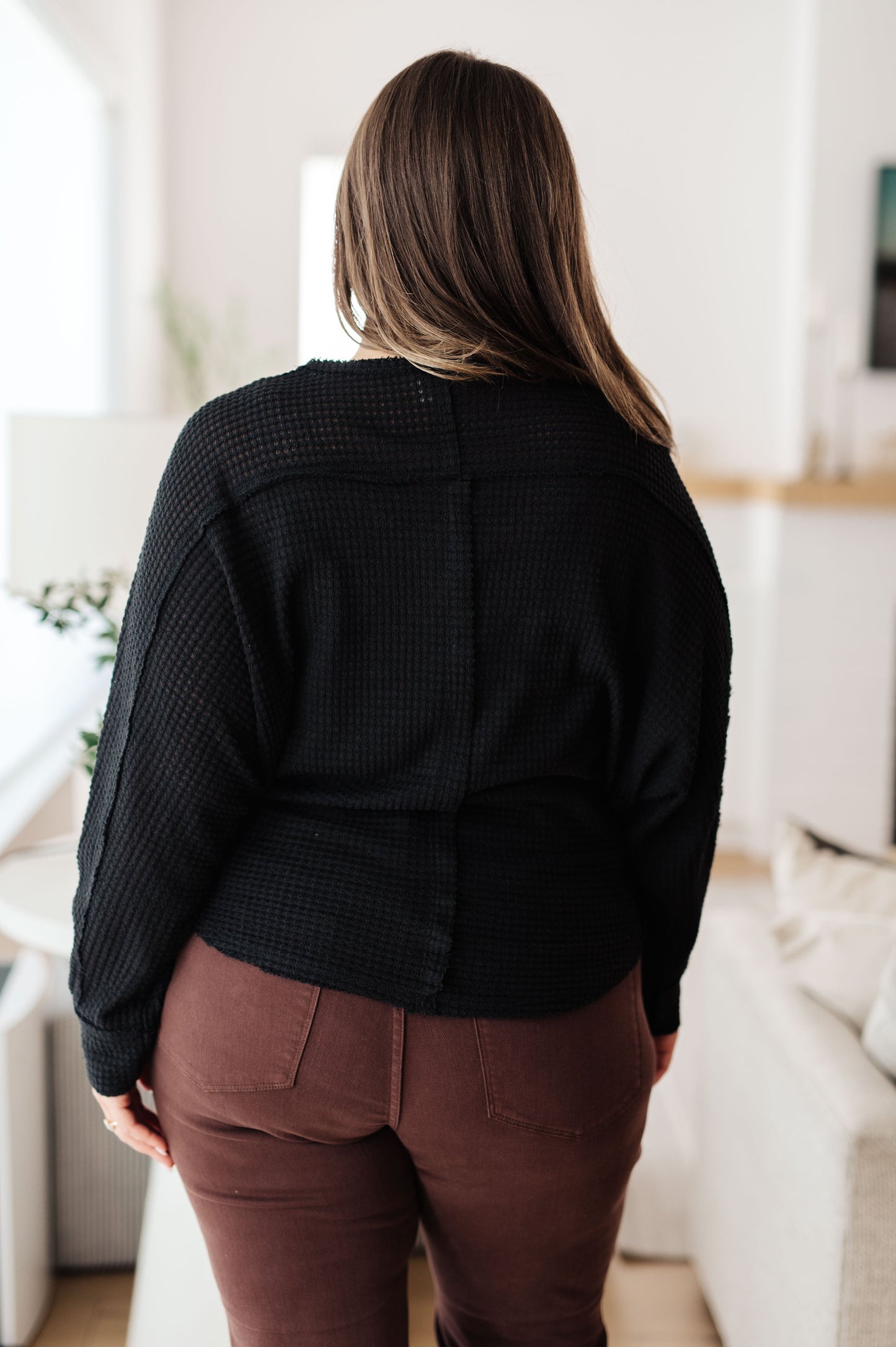 Black long sleeve Henley top by Sew in Love
Waffle Knit
Round Neckline
Button Up Henley
Relaxed Fit
64% Polyester, 34% Rayon, 2% Spandex
True to Size