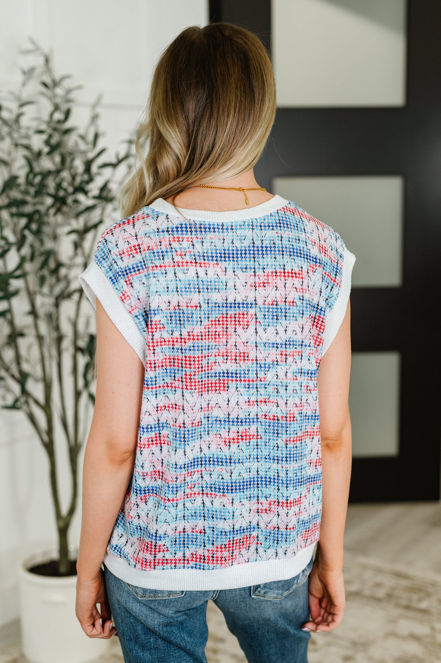 Short Sleeve textured knit top in Blue by Haptics