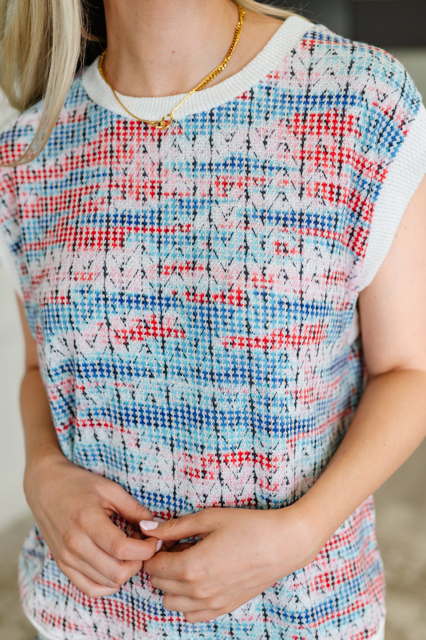 Short Sleeve textured knit top in Blue by Haptics