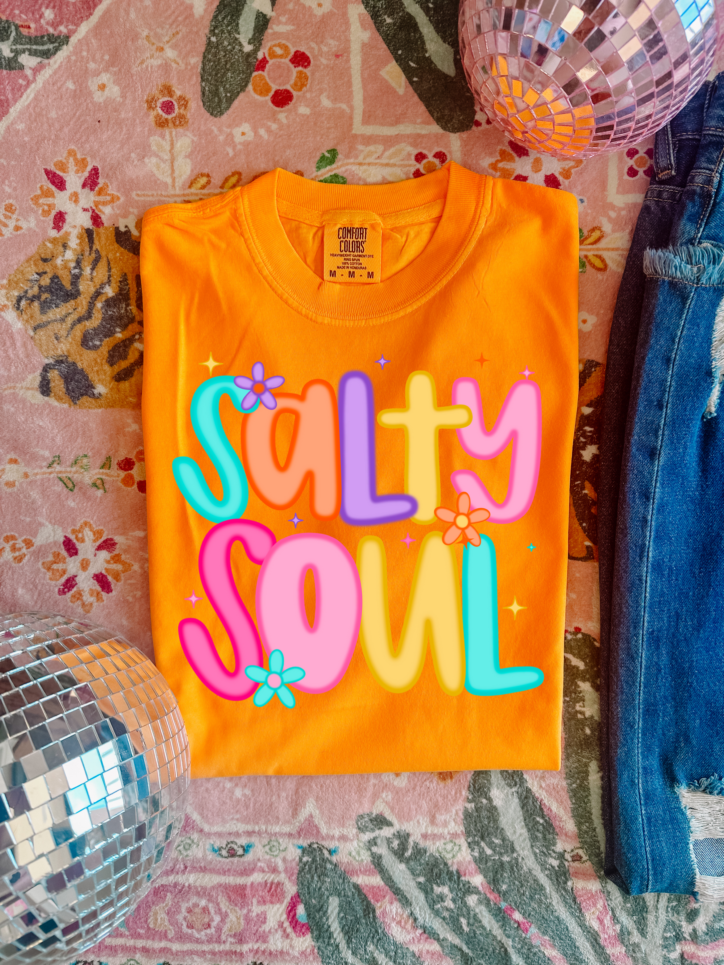 Orange, short sleeved Comfort Colors 100% Cotton t shirt
Garment-dyed soft ring spun fabric
Crew Neck short sleeve unisex tee
Multicolor DTF printing on crewneck