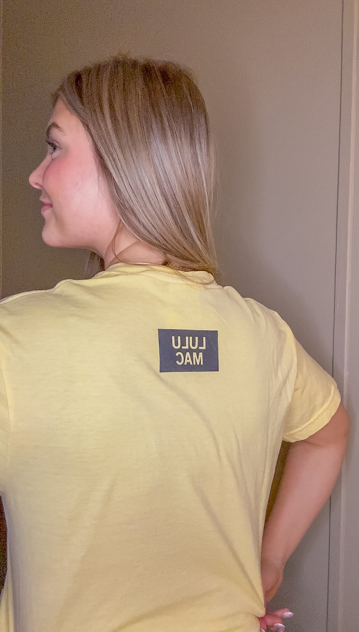 Lulu Mac Mossy Oak Bottomland Comfort Colors graphic tee in Butter yellow with camo collegiate lettering