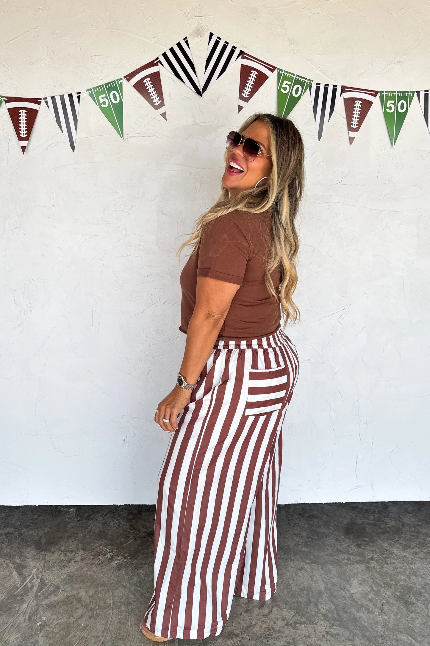 Brown and White stripe boxer style pants by Blakeley