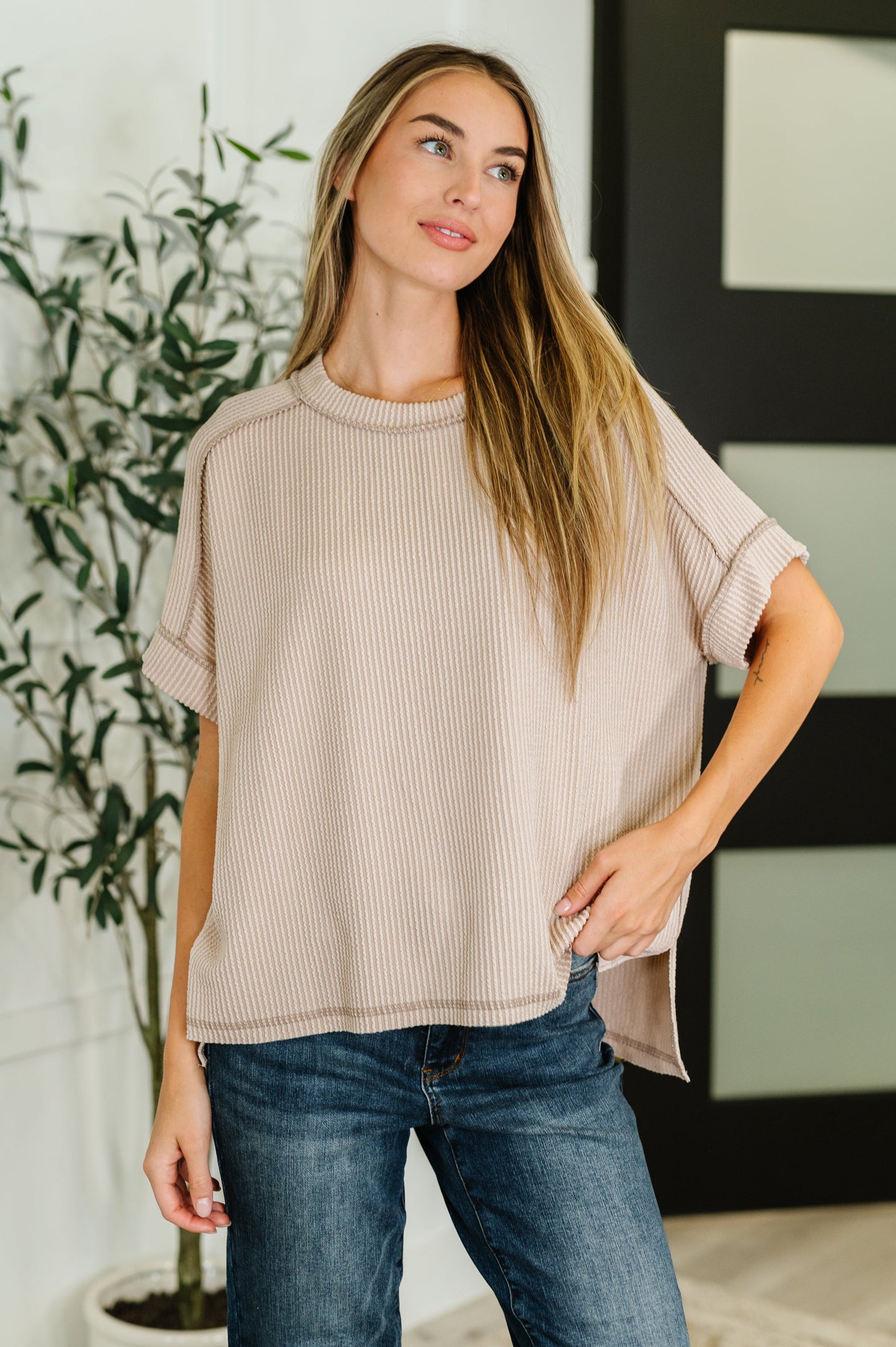 Ash Mocha, short sleeve, exposed seam Cable knit top by Zenana