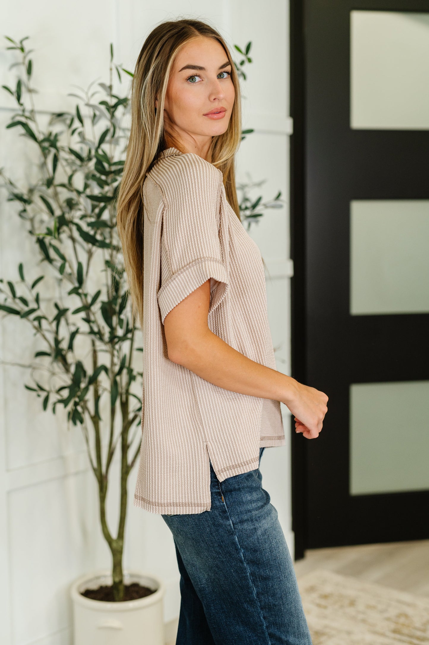 Ash Mocha, short sleeve, exposed seam Cable knit top by Zenana