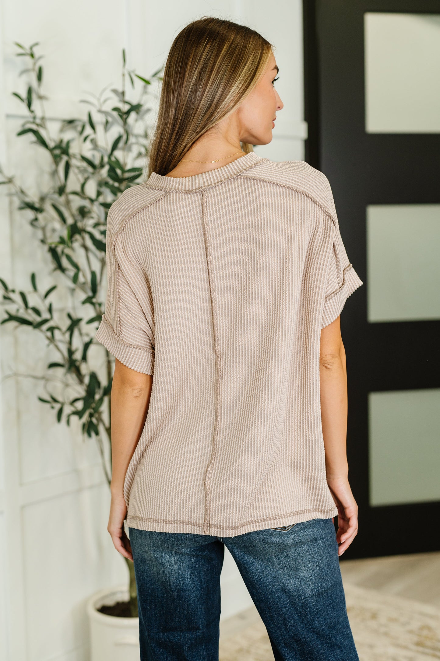 Ash Mocha, short sleeve, exposed seam Cable knit top by Zenana
