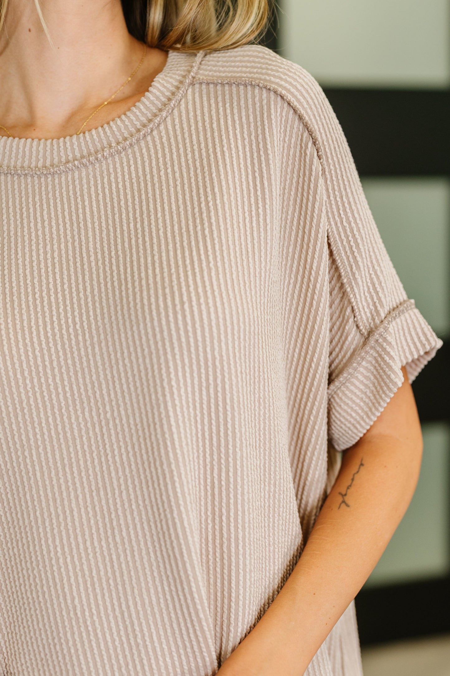Ash Mocha, short sleeve, exposed seam Cable knit top by Zenana