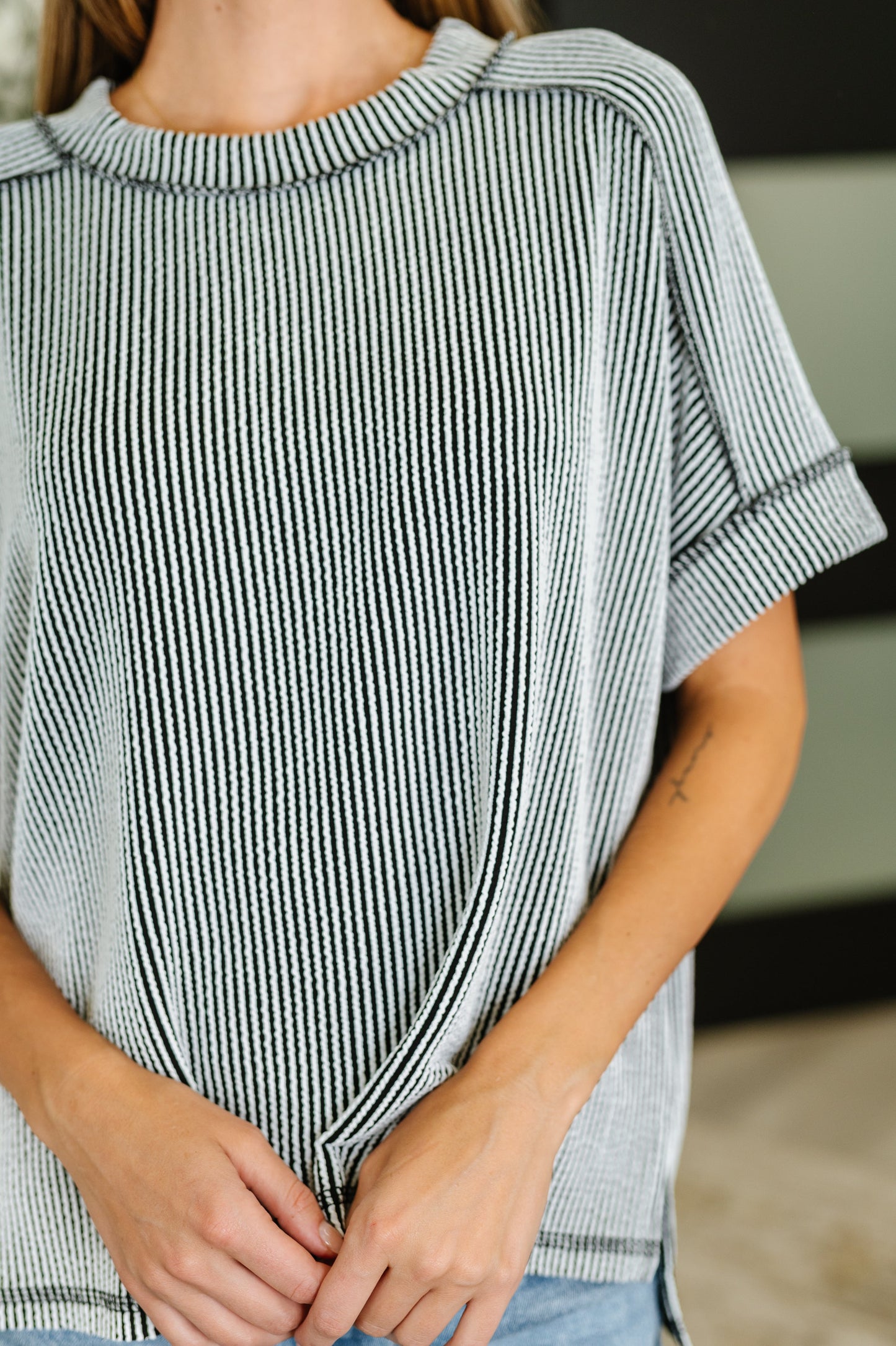Black and White , short sleeve, exposed seam Cable knit top by Zenana