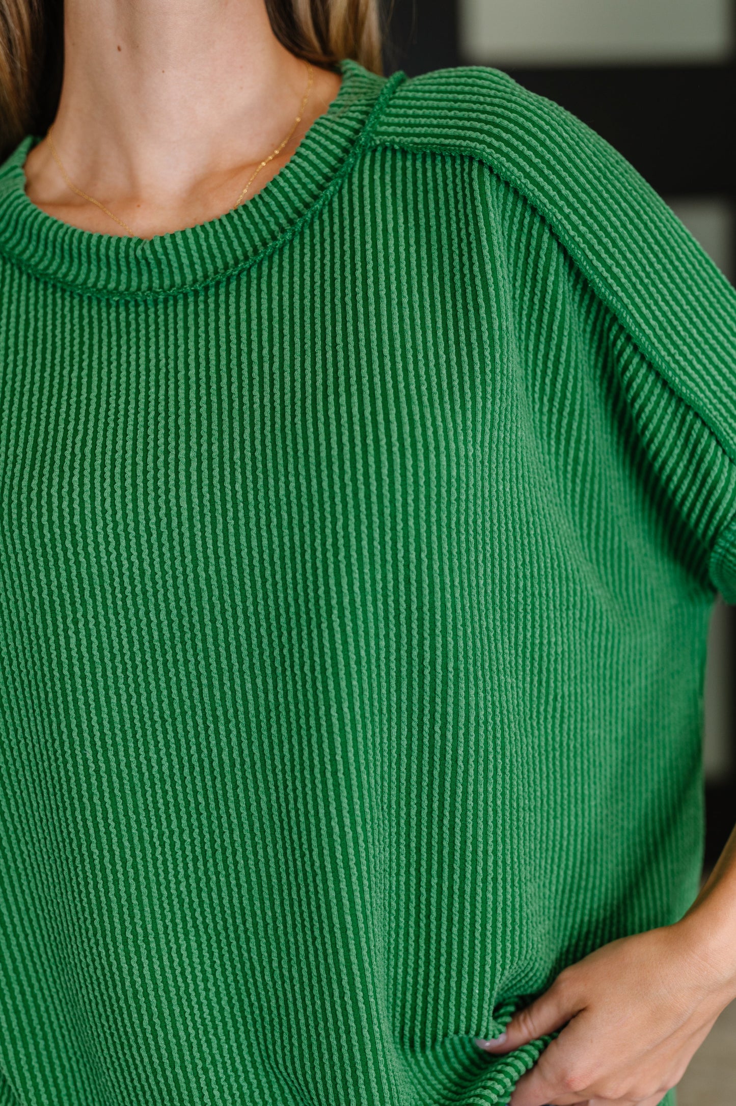 Dark Green, short sleeve, exposed seam Cable knit top by Zenana