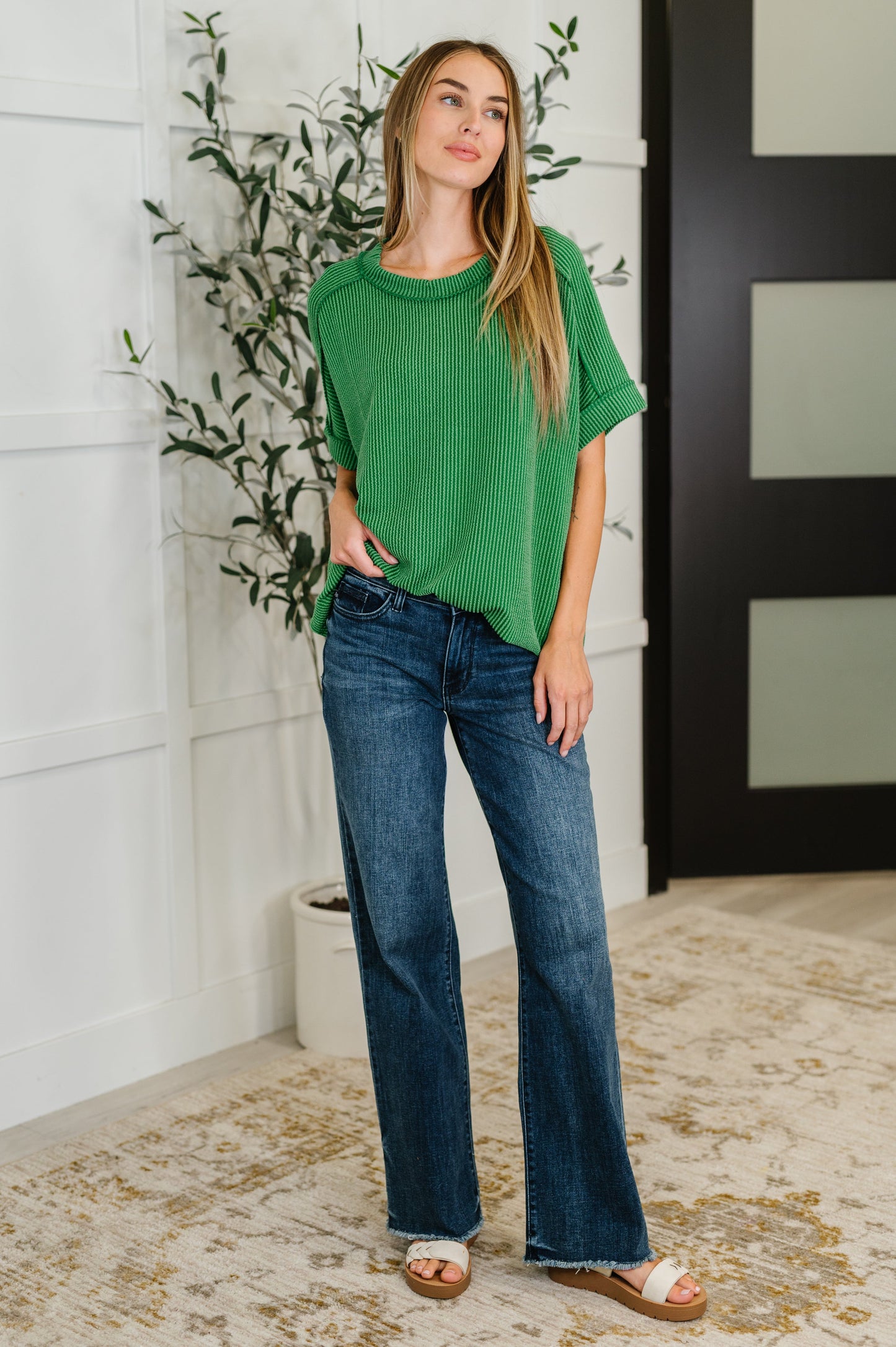 Dark Green, short sleeve, exposed seam Cable knit top by Zenana