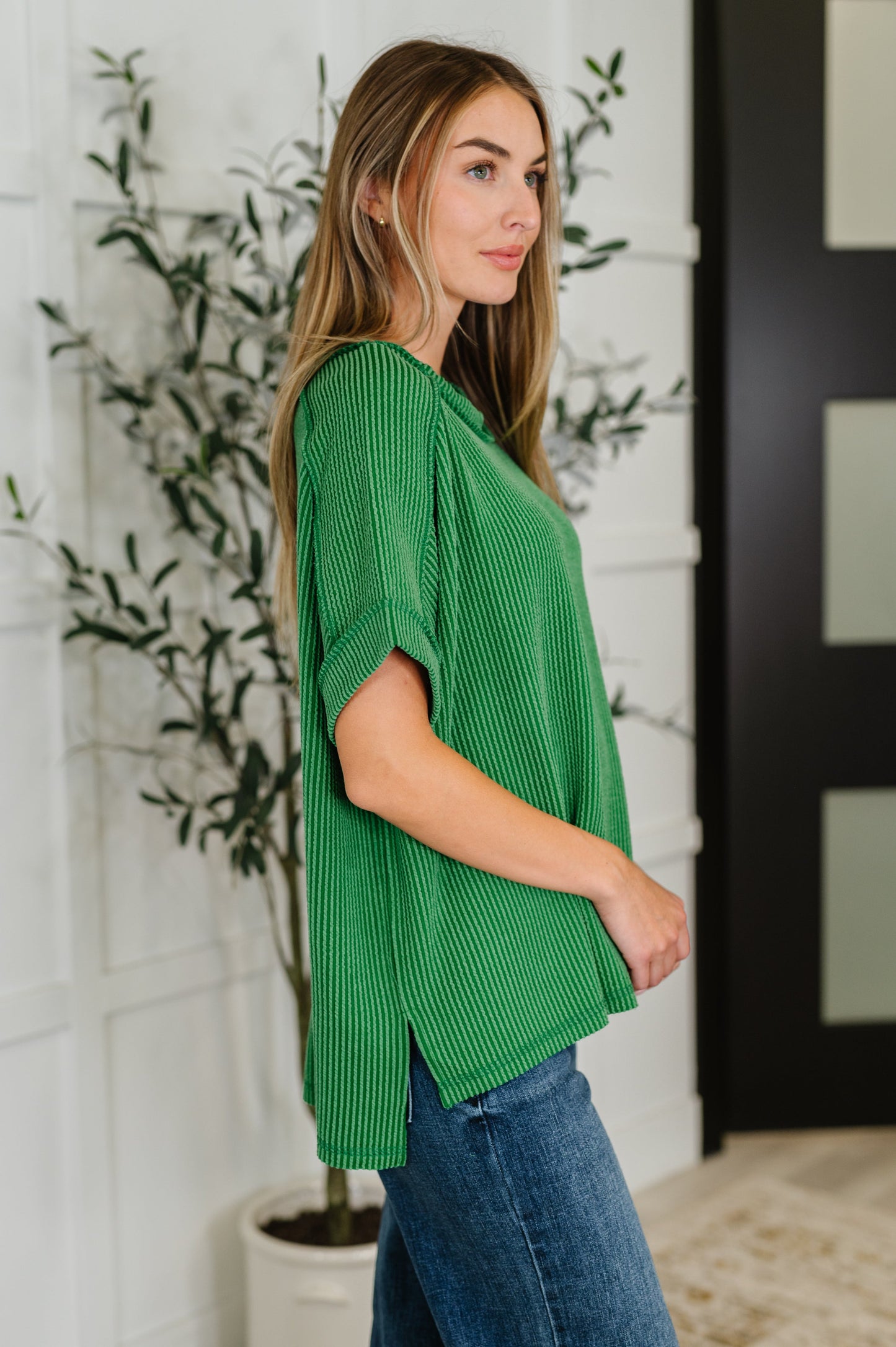 Dark Green, short sleeve, exposed seam Cable knit top by Zenana