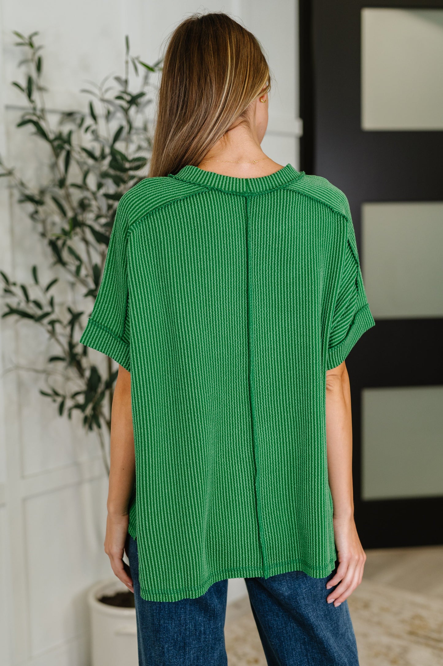 Dark Green, short sleeve, exposed seam Cable knit top by Zenana