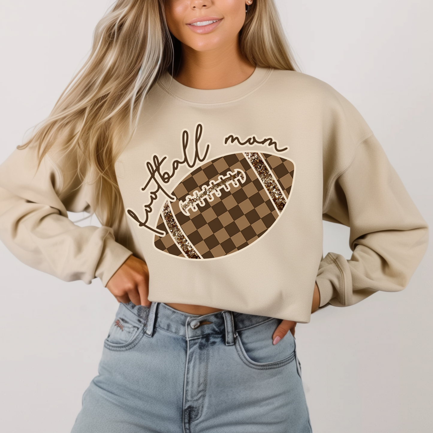 Sand Beige sweatshirt with a football design and 'football mom' text