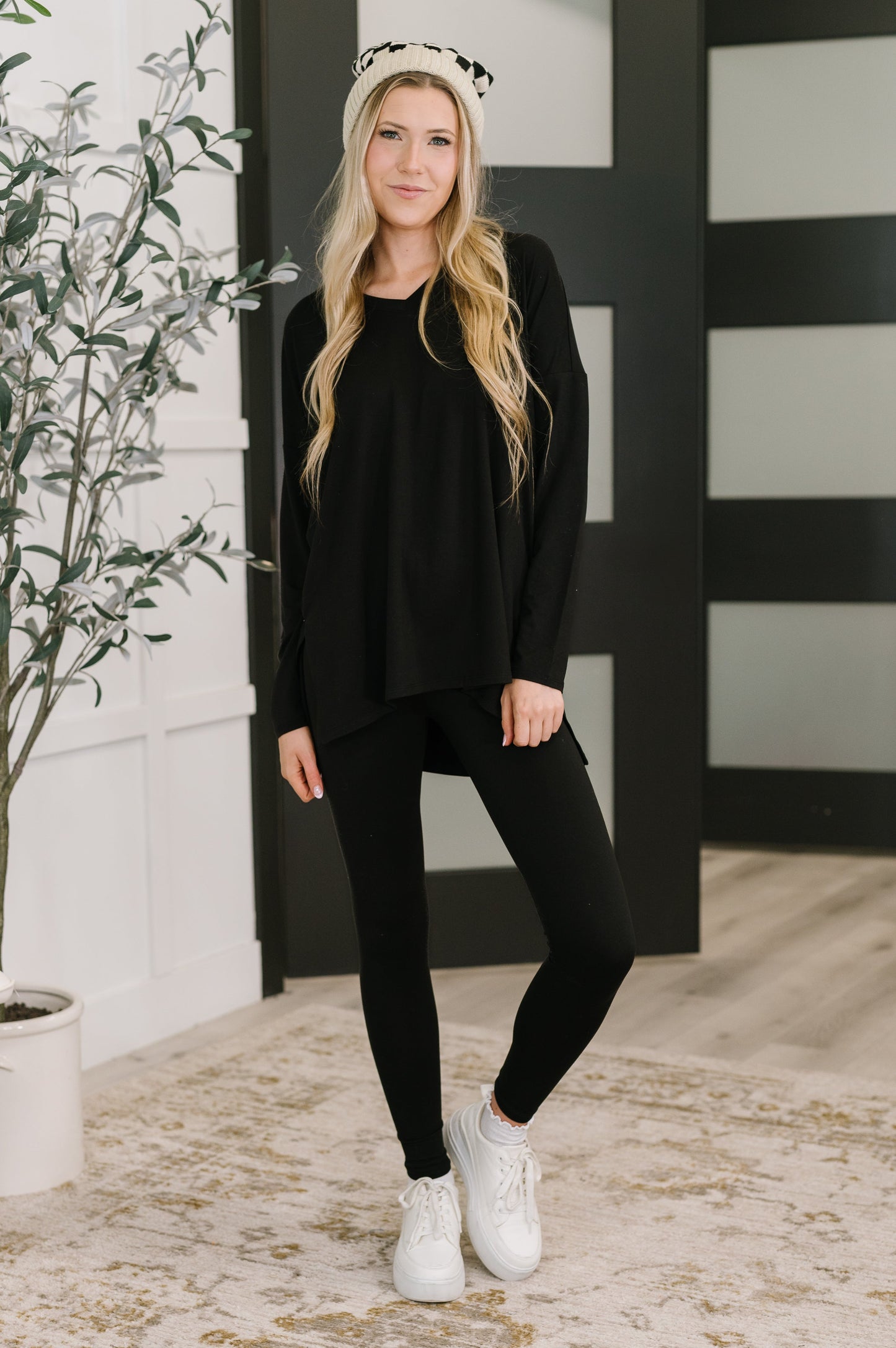 Cream/Black Checkered Knit beanie by Zenana