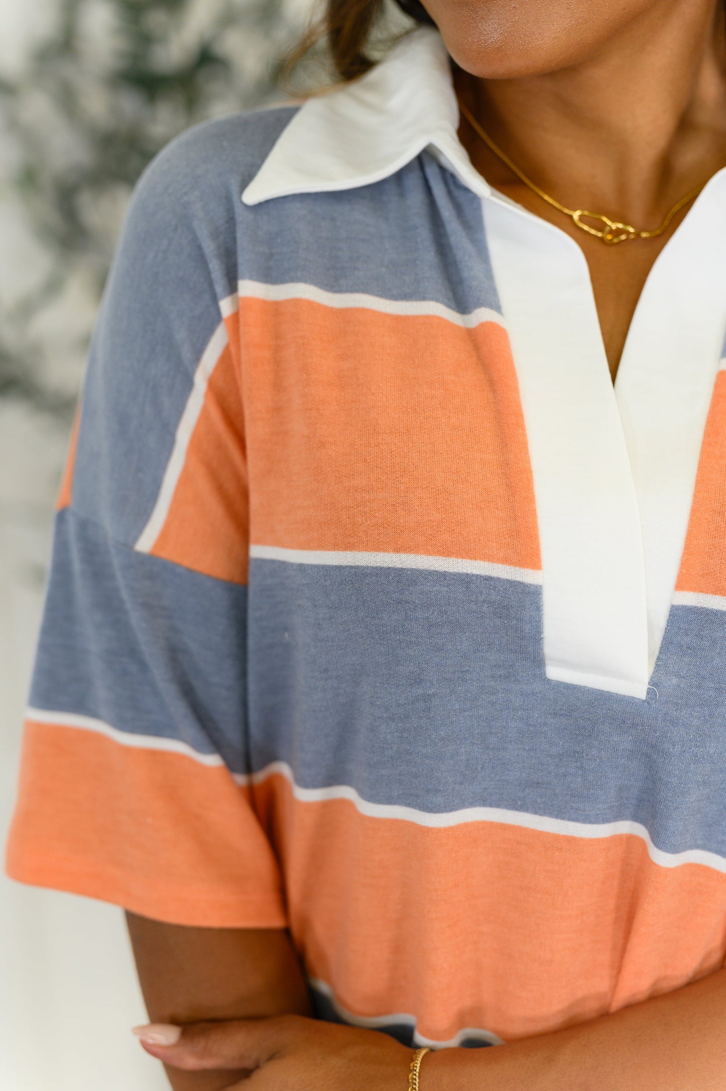 Casual top in Orange and Denim by 7th Ray
French Terry
High Stretch
Contrast Collared Split Neckline
Drop Shoulder
Stepped Hem
Side Slit
62% Polyester, 33% Rayon, 5% Spandex
True to Size