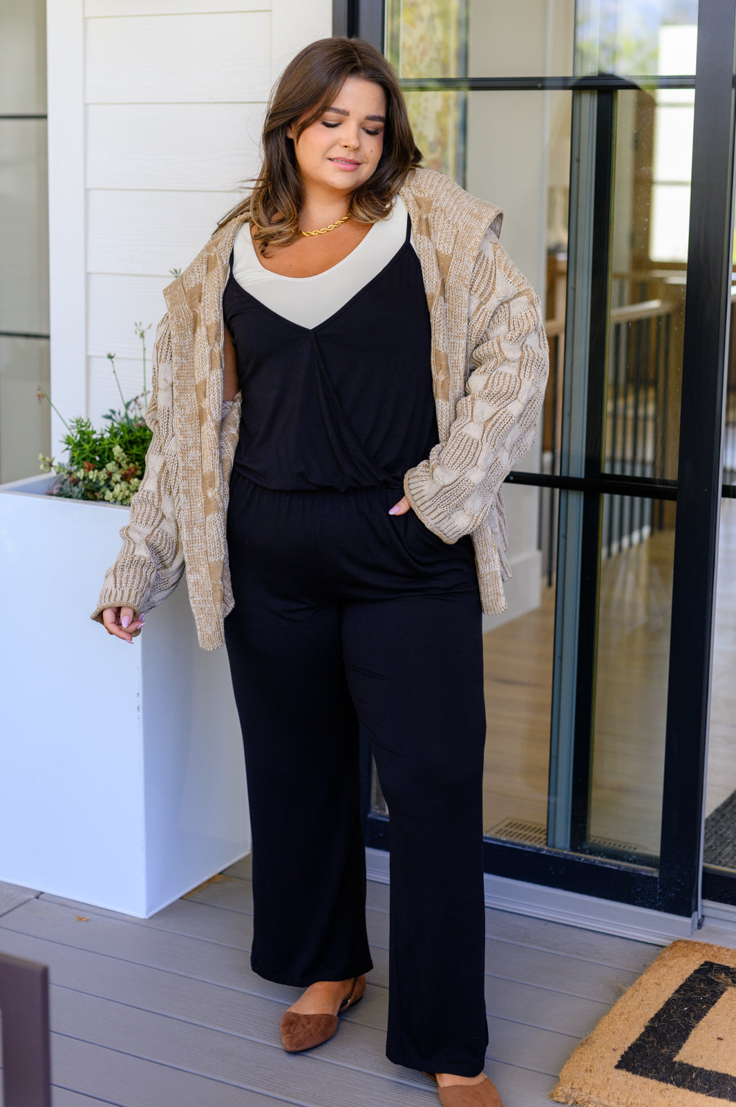 Black Jersey Knit Jumpsuit
Adjustable Spaghetti Straps
Surplice Front
Tacked Bustline
Elastic Waistband
Pockets
Wide Leg Silhouette
95% Rayon 5% Spandex
True to Size
