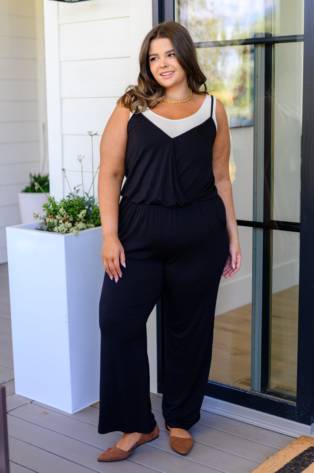 Black Jersey Knit Jumpsuit
Adjustable Spaghetti Straps
Surplice Front
Tacked Bustline
Elastic Waistband
Pockets
Wide Leg Silhouette
95% Rayon 5% Spandex
True to Size