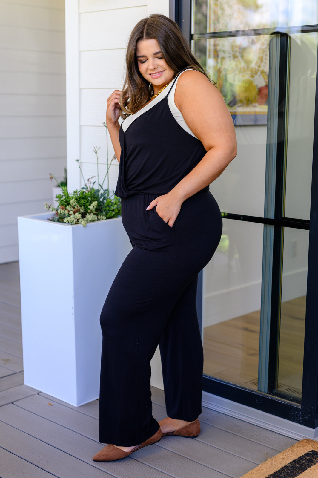 Black Jersey Knit Jumpsuit
Adjustable Spaghetti Straps
Surplice Front
Tacked Bustline
Elastic Waistband
Pockets
Wide Leg Silhouette
95% Rayon 5% Spandex
True to Size