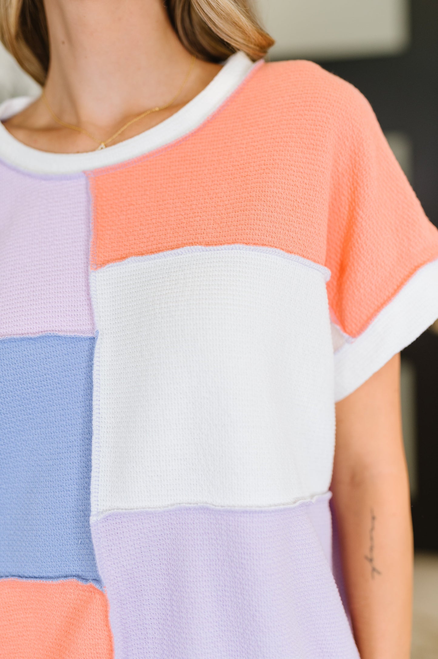 color block-patterned short sleeve shirt in Lilac, Orange and Denim