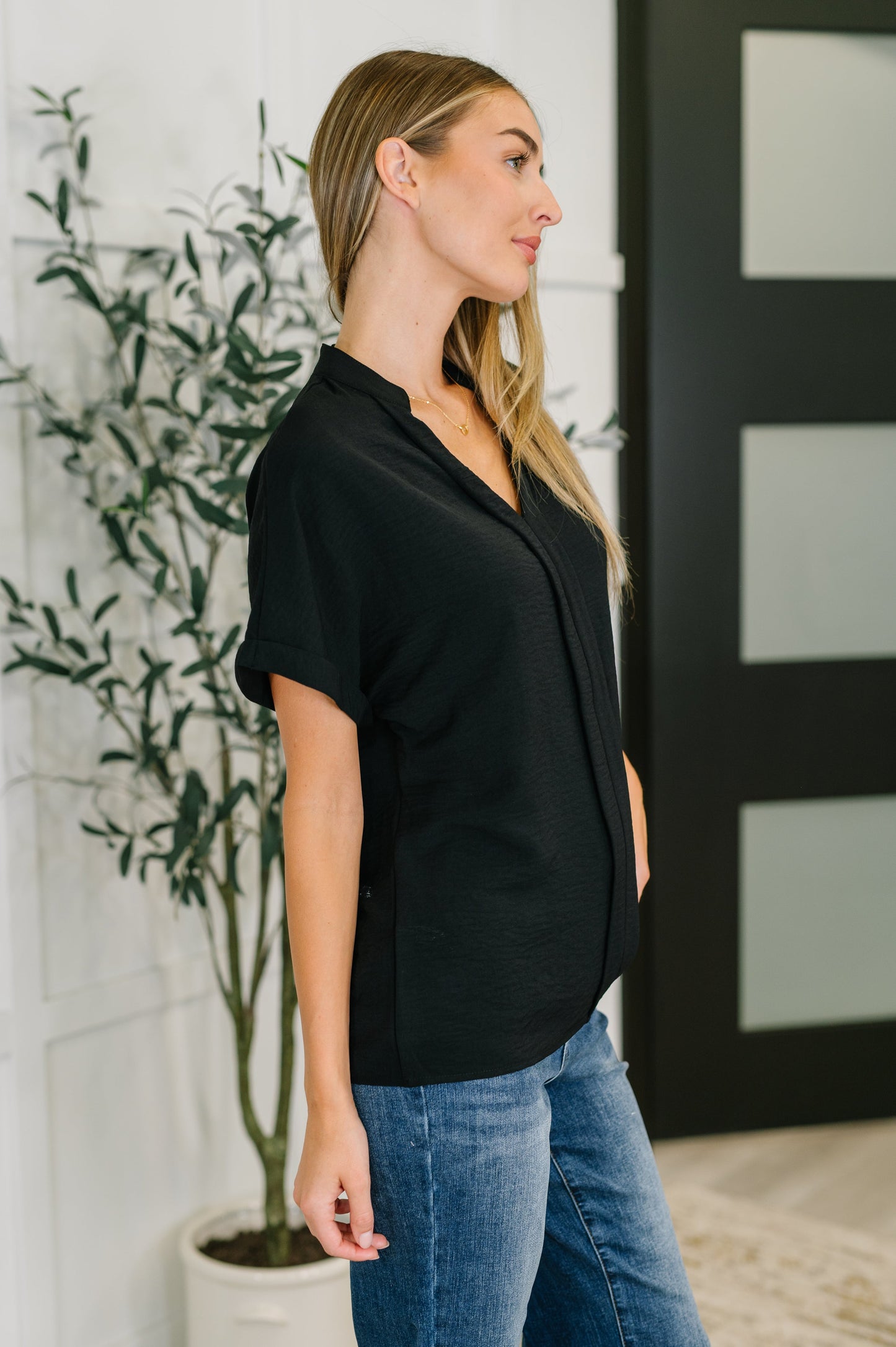 Black, crinkle woven V neck short sleeve blouse