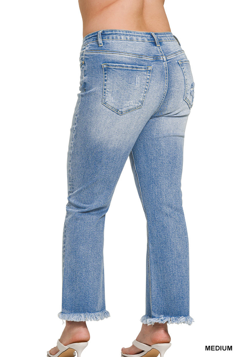 Plus High Rise Straight Raw Hem Cropped Denim Pants