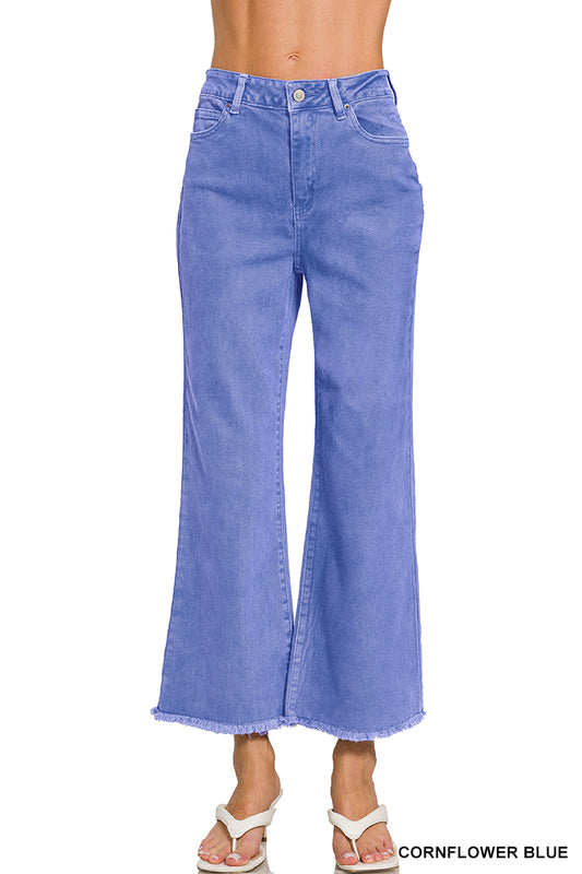 Acid wash cornflower blue high waist bootcut jeans with frayed hem front view