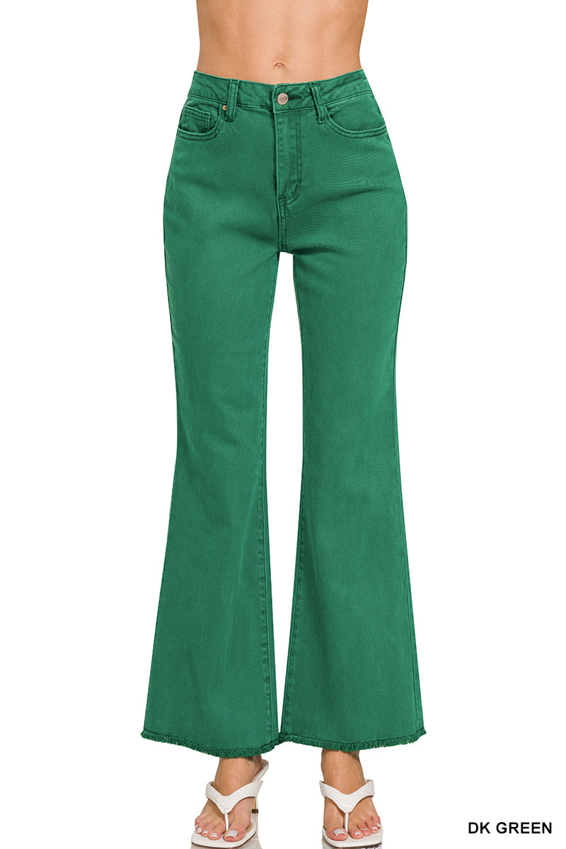 Acid Washed Frayed Cutoff Hem Straight Wide Leg Pants in Kelly Green by Zenana