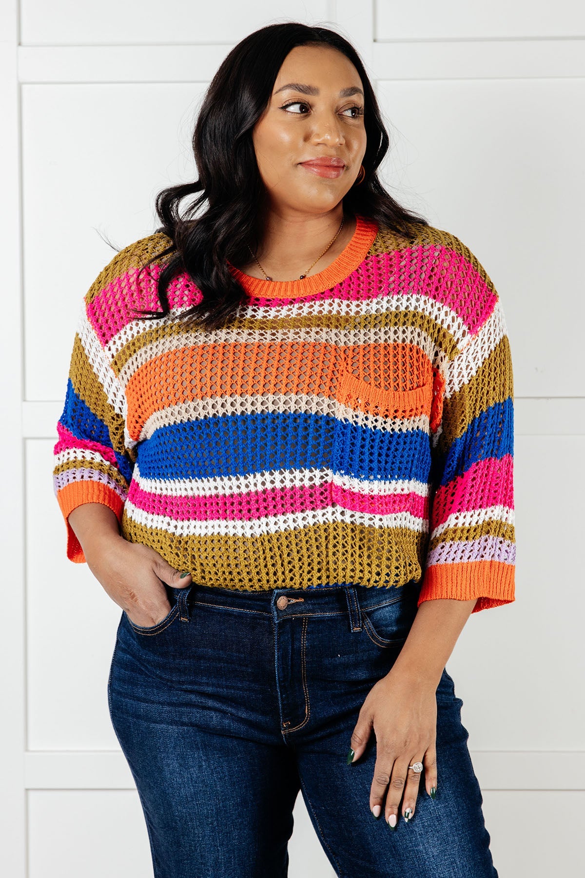 3/4 sleeve Striped Loose Knit Top
Mesh Knit
Ribbed Rounded Neckline
Drop Shoulder
Ribbed Sleeve Cuff
Ribbed Hemline
Side Slits
Functional Patch Pocket
100% Acrylic
True to Size