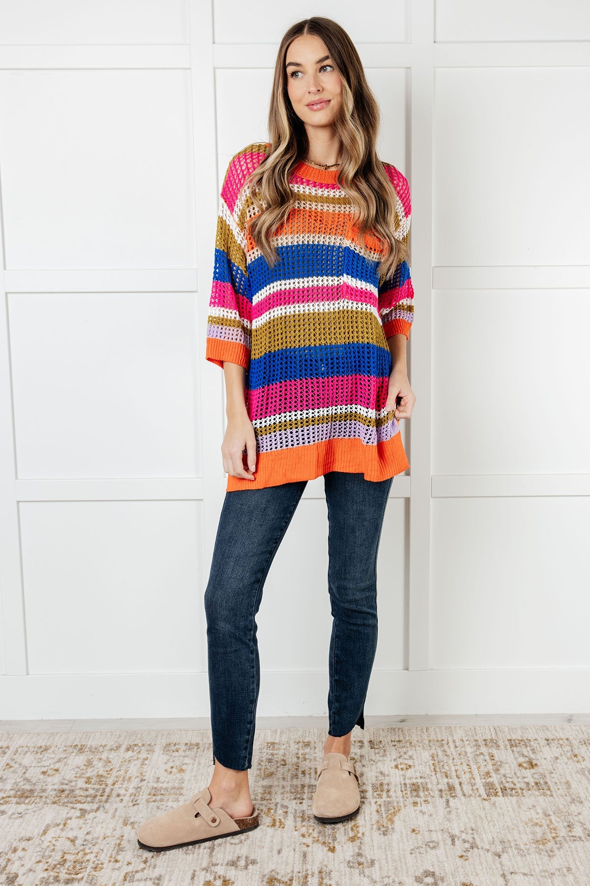 3/4 sleeve Striped Loose Knit Top
Mesh Knit
Ribbed Rounded Neckline
Drop Shoulder
Ribbed Sleeve Cuff
Ribbed Hemline
Side Slits
Functional Patch Pocket
100% Acrylic
True to Size