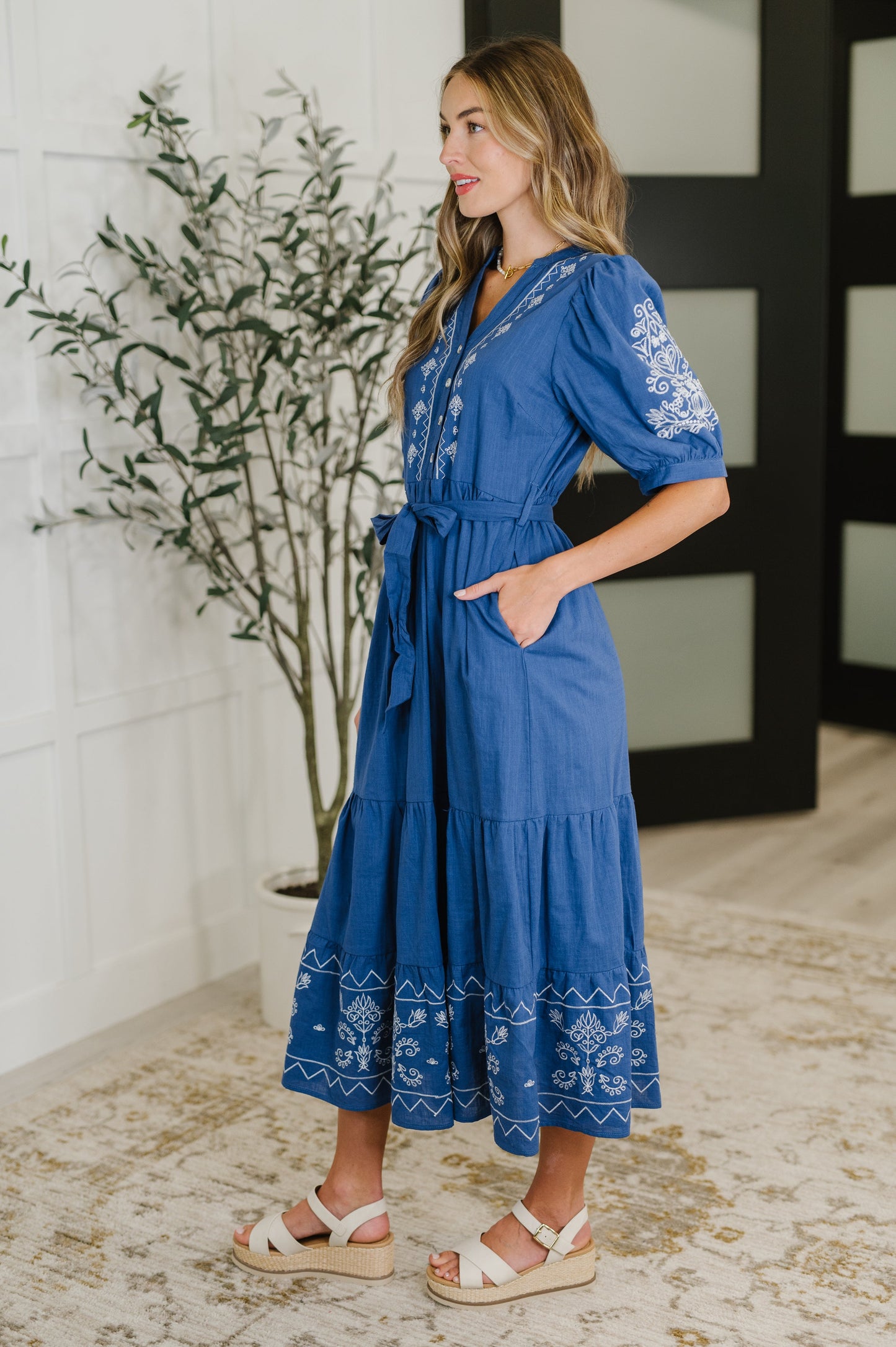 Puff Sleeve Midi Dress in Blue by Polagram