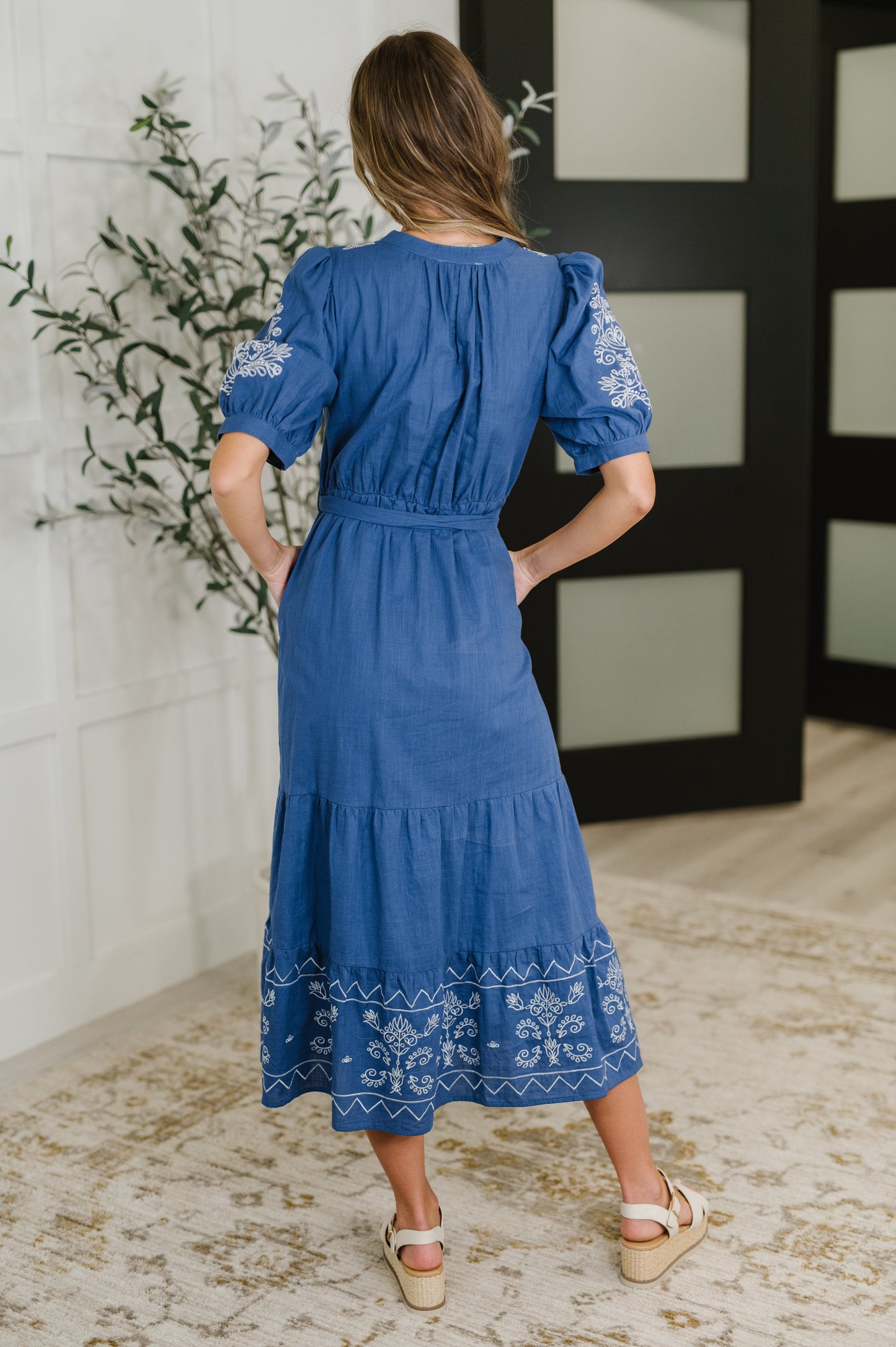 Puff Sleeve Midi Dress in Blue by Polagram