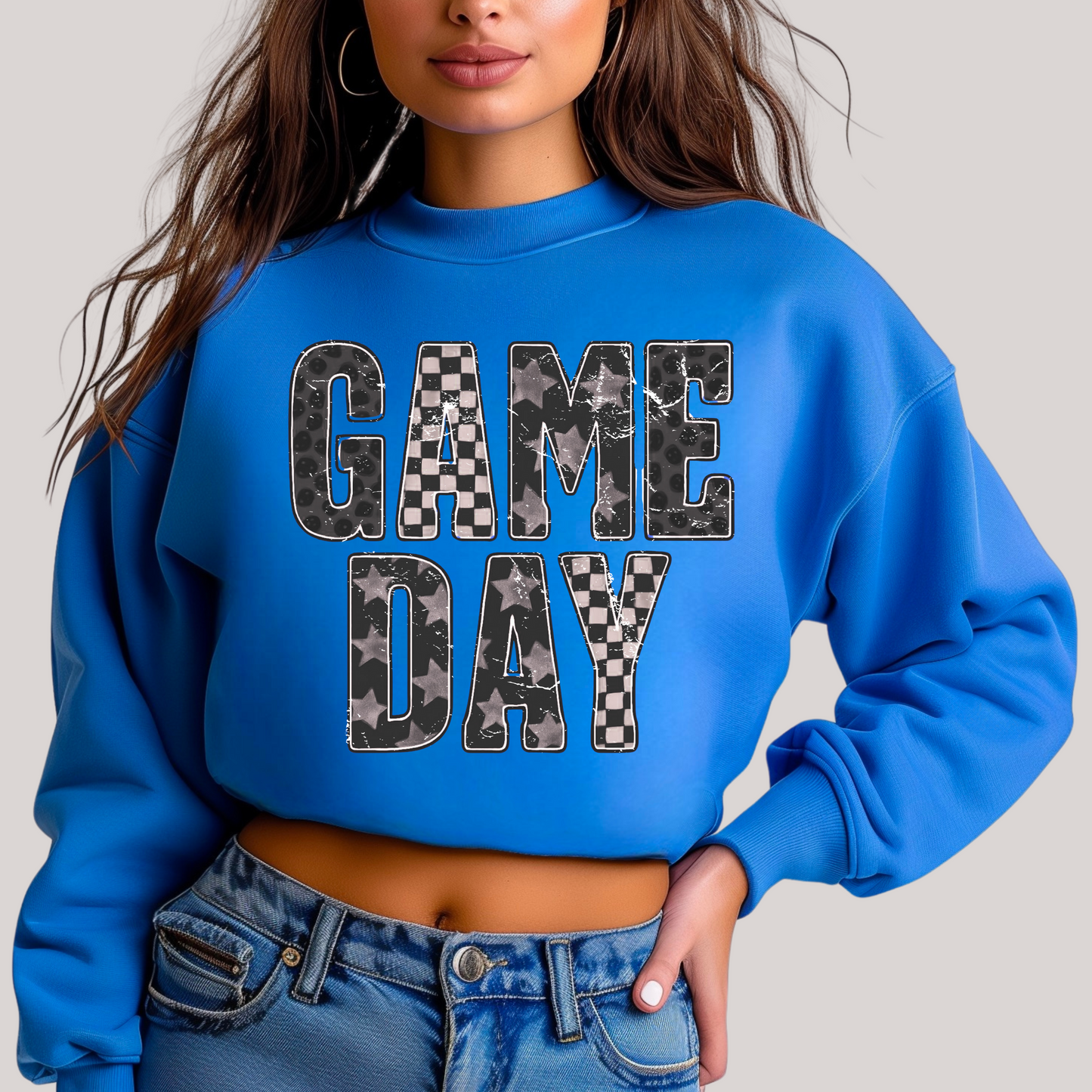 Blue sweatshirt with 'GAME DAY'